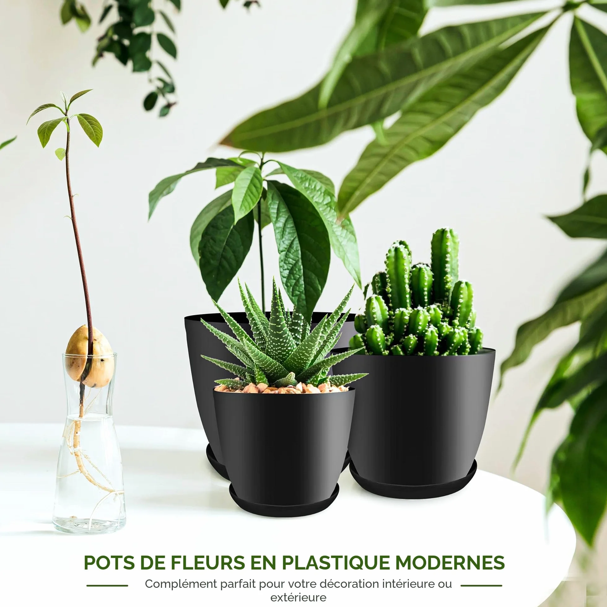Utopia Home Lot de 5 Pots de Fleurs 18/17/15/13/12 cm avec Soucoupe Noir pour Intérieur