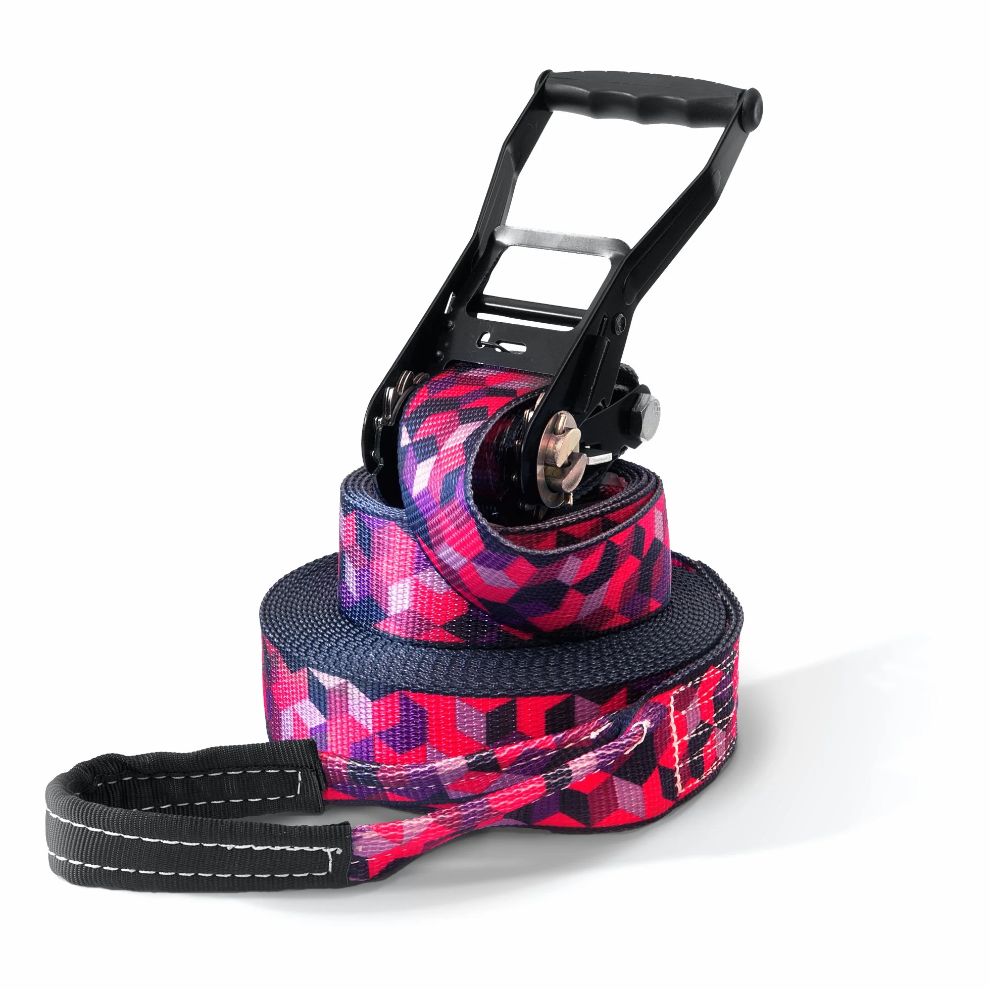 Kit de slackline – Longueur de 15, 25 ou 35 m & Largeur de 5 cm Motif unique "Cubes", avec sac de transport/sac de gym à la mode & protection pour arbre et cliquet, manuel d’utilisation (français non garanti)