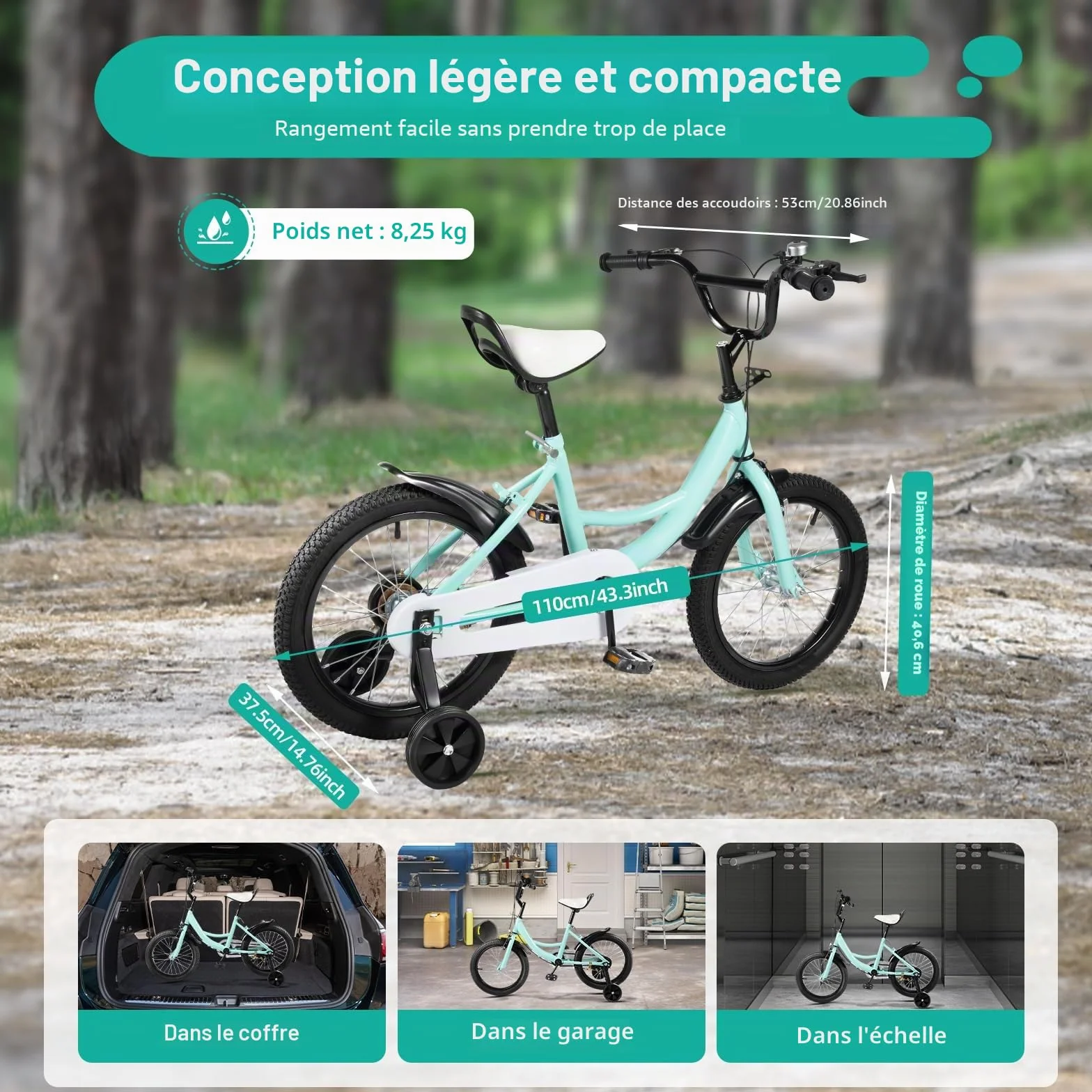 Vélo pour Enfant de 16 Pouces pour Fille Vert, vélo pour Enfants à partir de 5 à 8 Ans (100-135 cm), Cadre en Acier au Carbone, Selle et Guidon réglables en Hauteur, Roues stabilisatrices