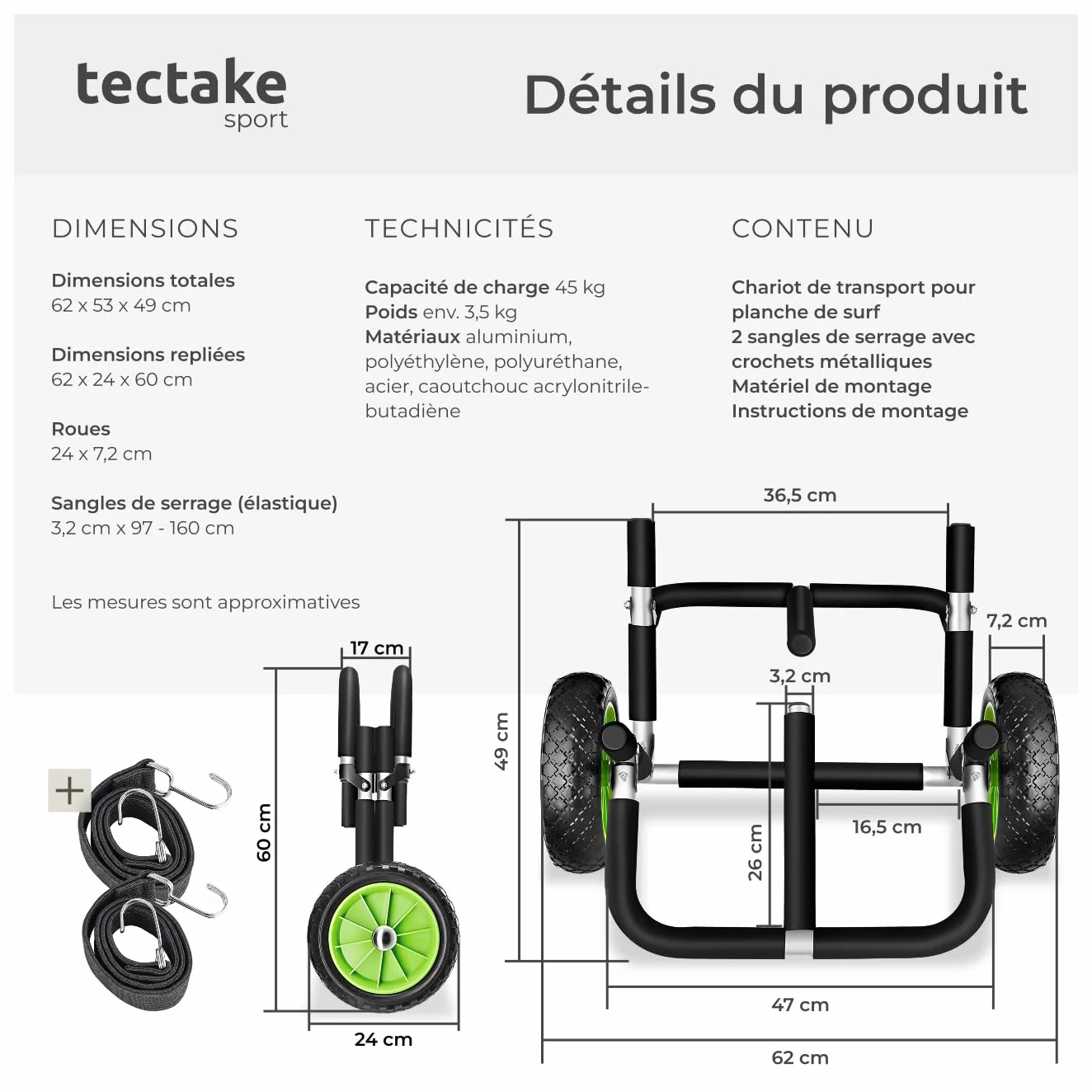 tectake® Chariot de Transport Pliable Double pour Paddle Gonflable, Stand up Paddle, Planche de Surf, Cadre en Aluminium Inoxydable, Pneus profilés, Max. 45 kg