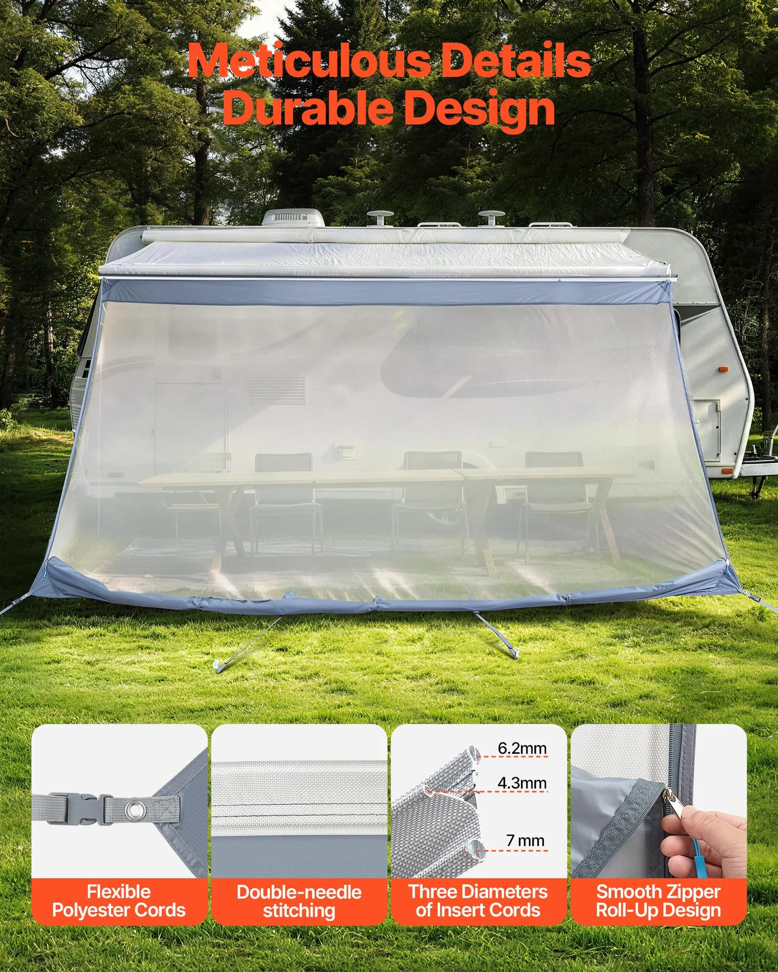 VEVOR Paroi Avant pour Store de Camping-Car 2x3,7 m, Façade de Store Compatible avec Auvent 4 m, Pare-Soleil Caravane Voyage, avec Couverture Zippée en PU UV50+, Maille Polyester Double Couture