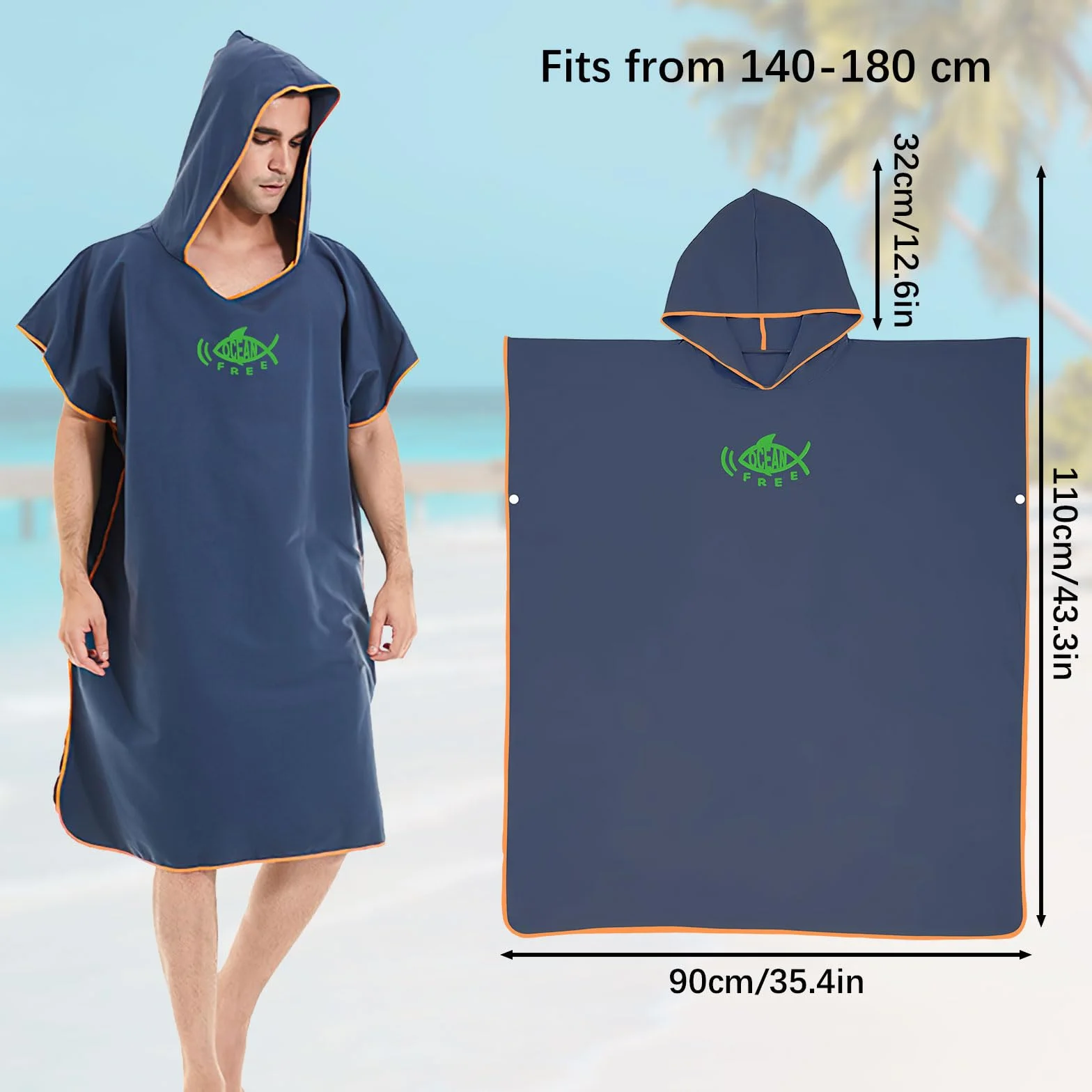 QKTYB Poncho de Bain Adulte, Microfibère Poncho Plage Femme Homme, Serviette Poncho Adulte Rapid Séchage, Poncho Surf Léger avec Capuche pour Surf Piscine Taille Universelle