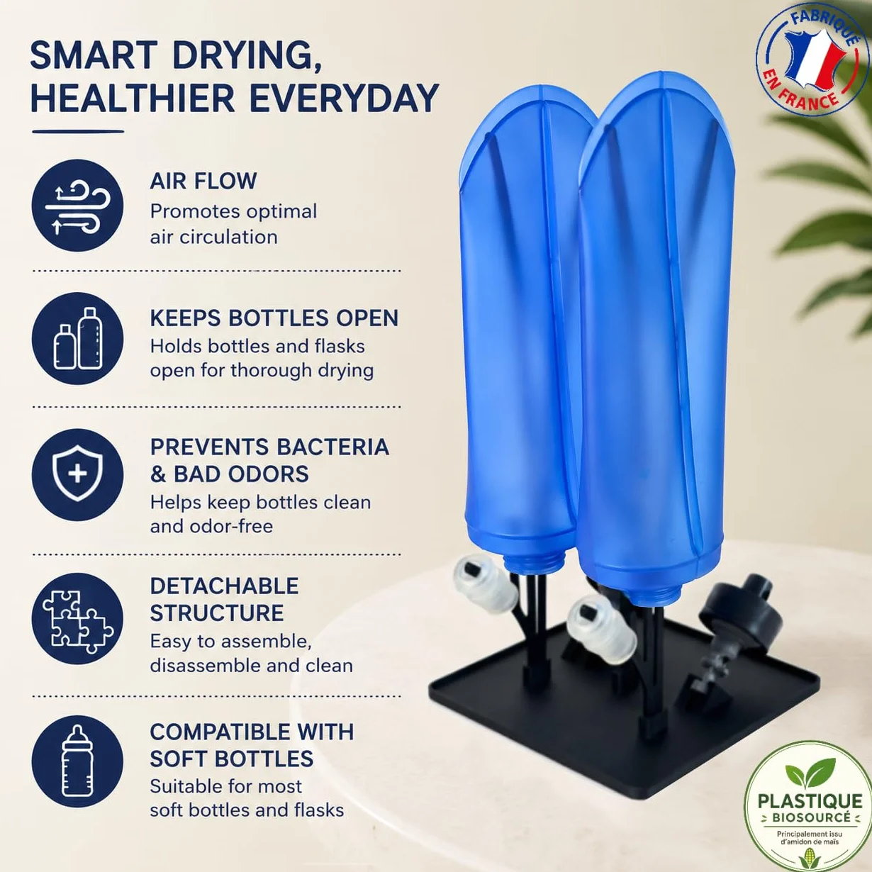 Support de Séchage Noir pour Flasque Souple 250ml 500ml Compatible Salomon Hydrapak Decathlon Anti Odeur Moisissure Démontable