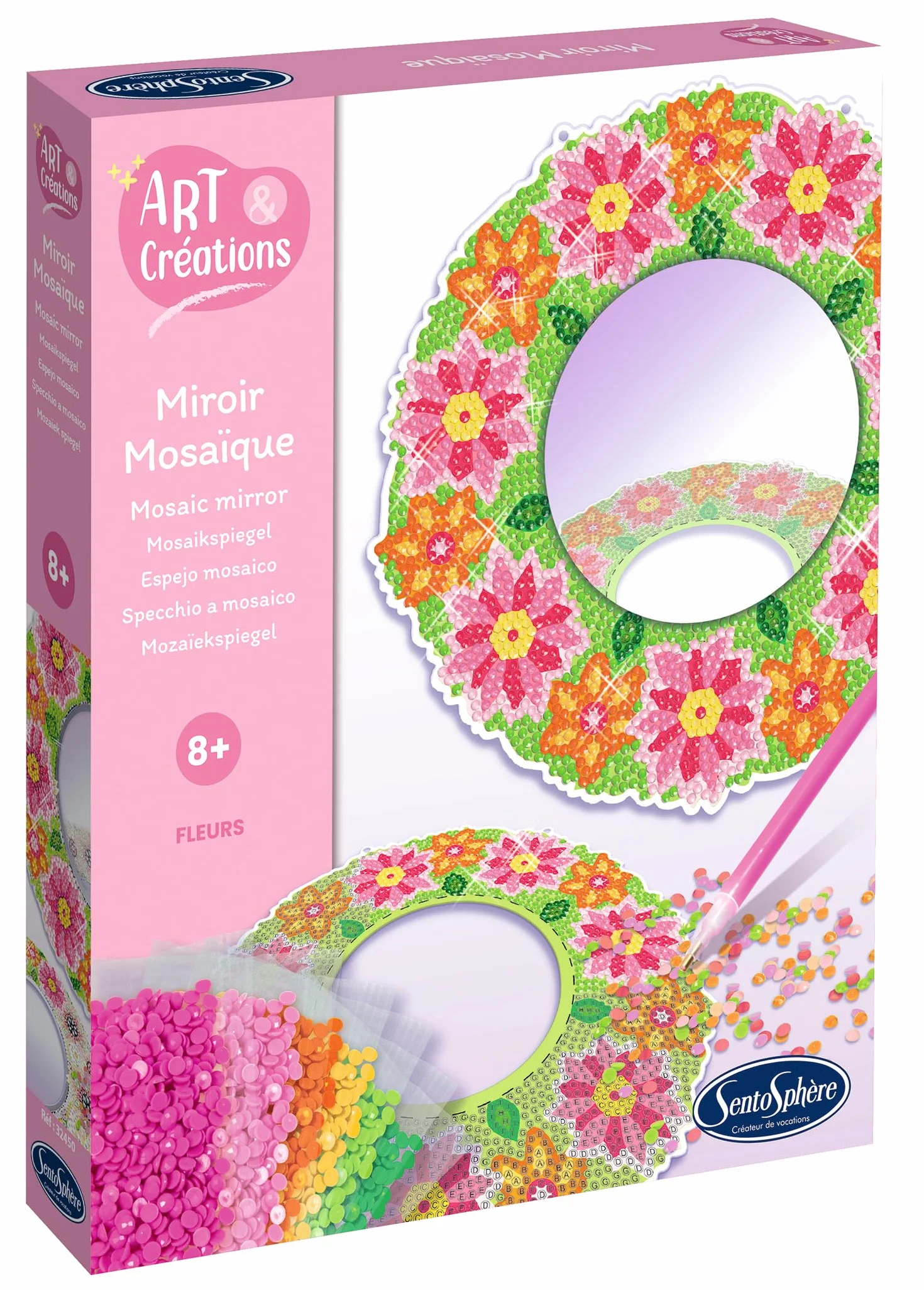 Sentosphère Miroir Mosaïque Fleurs Coffret créatif pour enfants dès 8 ans Kit complet avec cire adhésive crayon plateau 32450