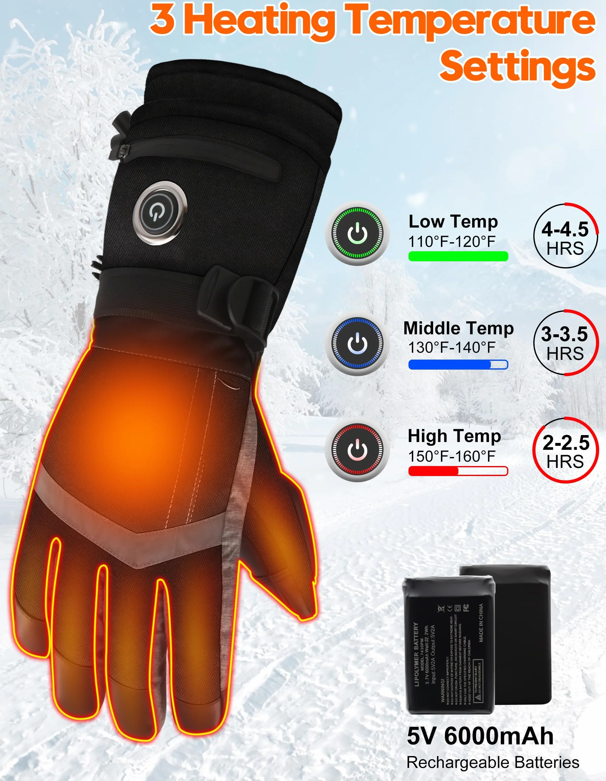 SVPRO Gants chauffants, 5 V 6000 mAh, rechargeables, pour homme et femme, gants chauffants électriques imperméables et coupe-vent pour le ski, la chasse, la moto, la randonnée, le travail en plein air