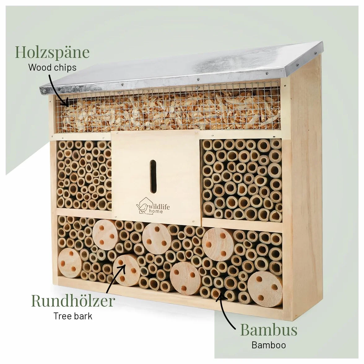 Hôtel à insectes WILDLIFE HOME avec toit en métal, bois massif non traité pour abeilles, coccinelles et chrysopes