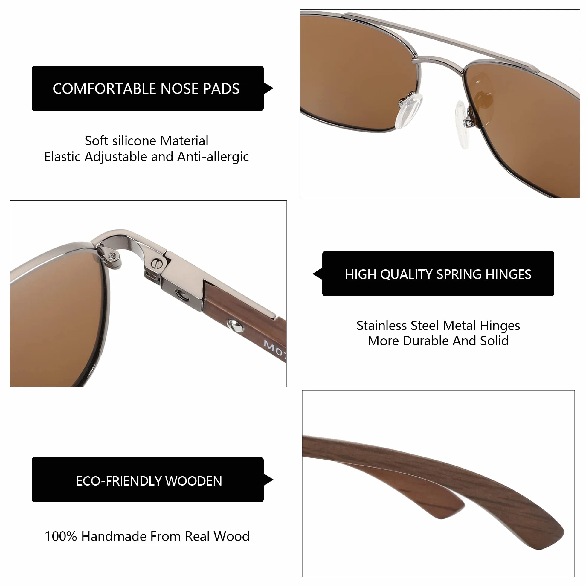 ZENOTTIC Lunettes de soleil polarisantes pilote homme monture carrée en métal miroité temple en bois lentille de protection UV400