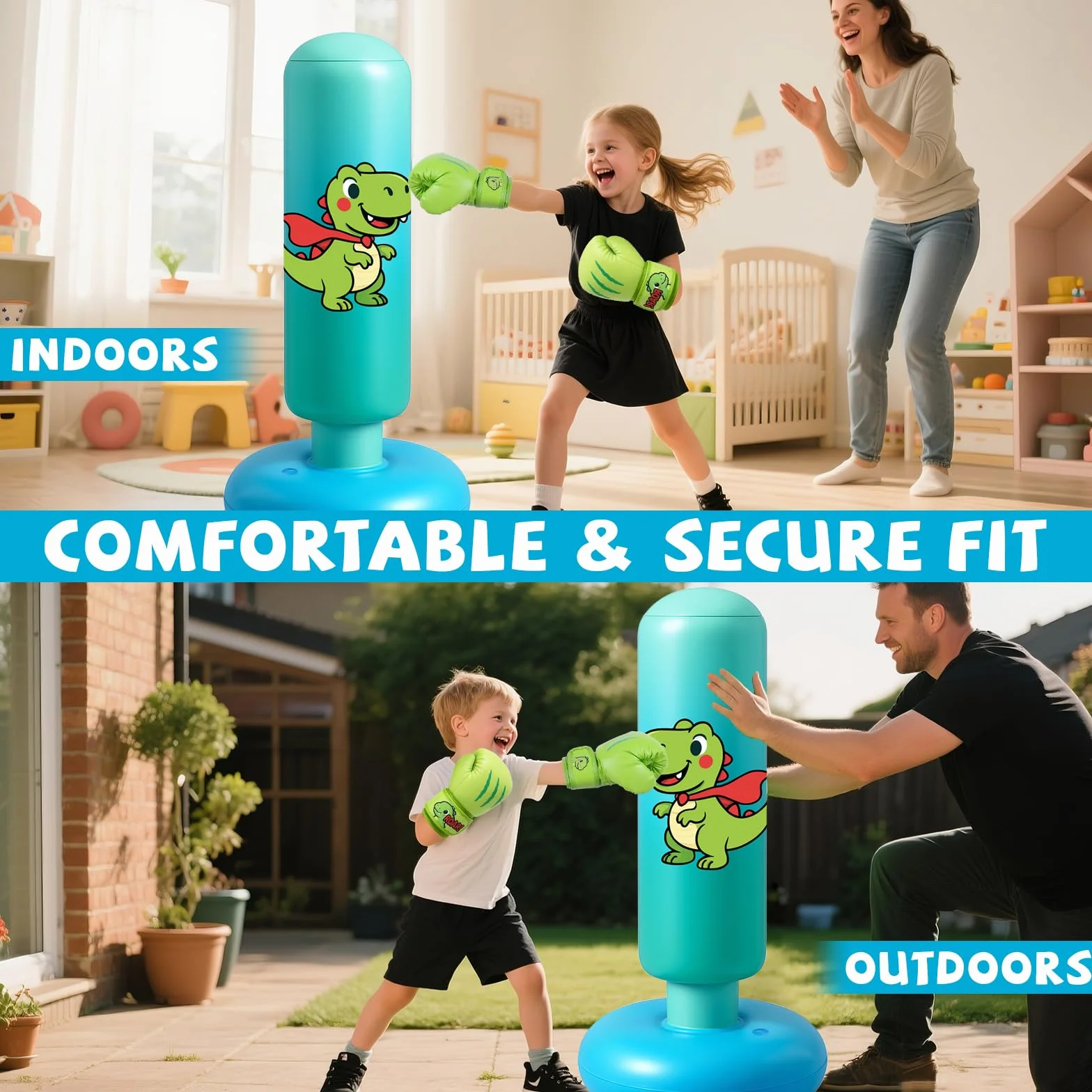 Sac de Boxe pour Enfants, avec Gants de Boxe, 120cm Gonflable Sac de Frappe Enfant Pratique du Karaté, Taekwondo, Cadeaux pour GarçOns et Filles