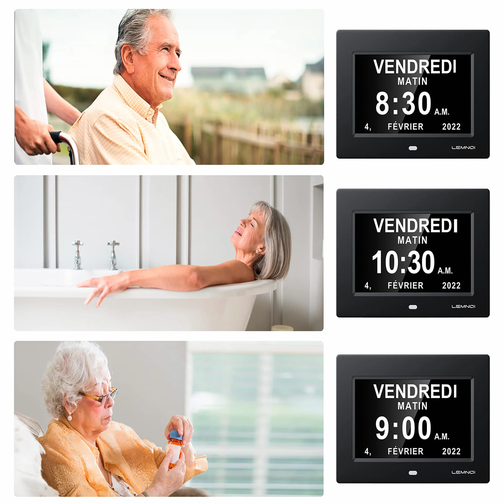 LEMNOI 7 Pouce LCD Horloge Numérique Calendrier Noire Auto Dimming HD Display Rappel Alzheimer