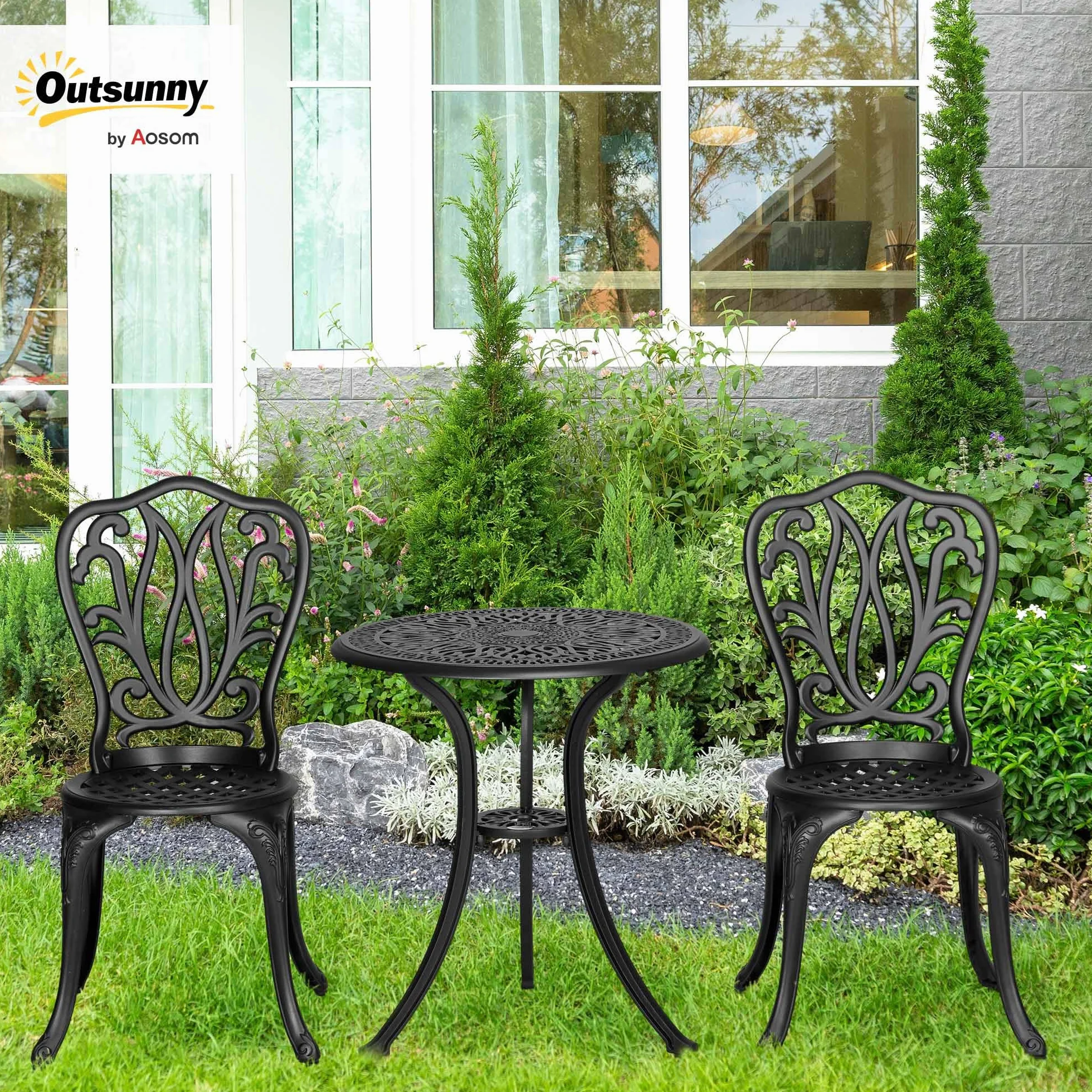 Outsunny Salon de Jardin Exterieur, Ensemble Table Ronde et Chaises Aluminium avec Trou Parasol Noir