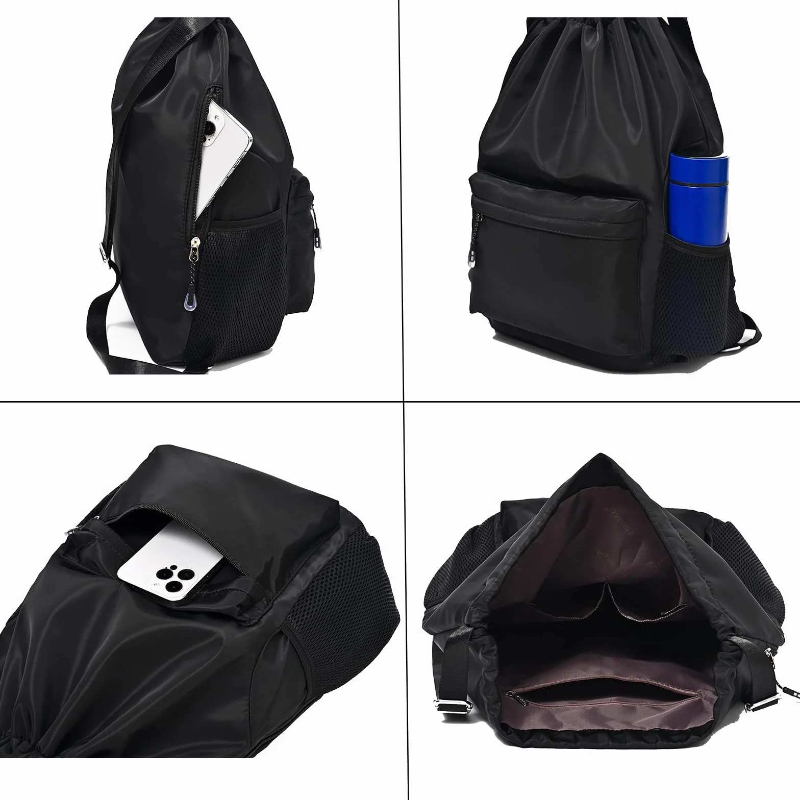 Sac à Dos à Cordon, Sac à Cordon Lmperméable Large Bandoulière de Gym Avec Poche Lntérieure Et Poche De Sécurité avec Poche Avant Et Arrière Zippée, pour Unisexe le Fitness, Les Voyages (noir)