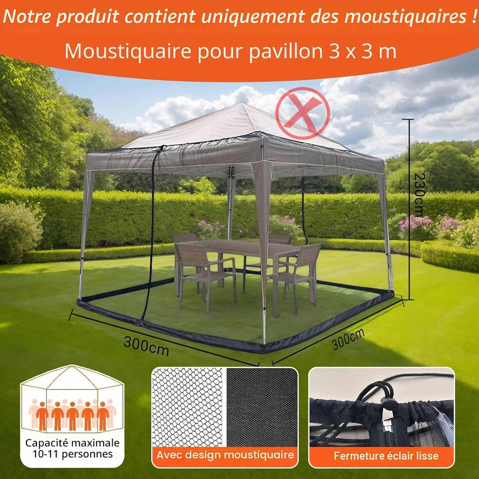 Moustiquaire pour pavillon 3x3m, filet anti-insectes zippé, pergola réglable, mailles fines, extérieur, noir, 300x300