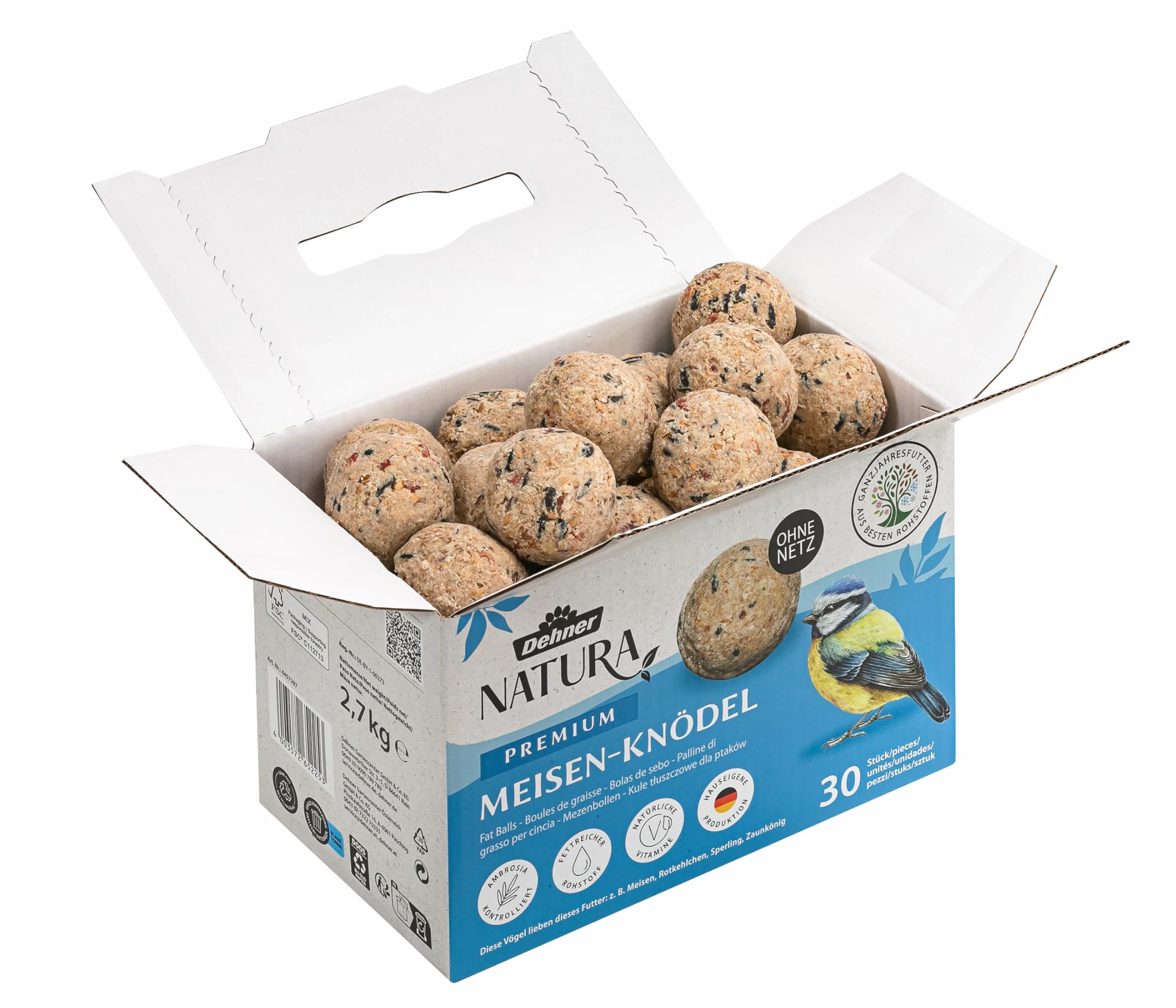 Dehner Natura Premium Nourriture pour Oiseaux Sauvages, Boules de Graisse sans Filet 30 pièces 2,7 kg
