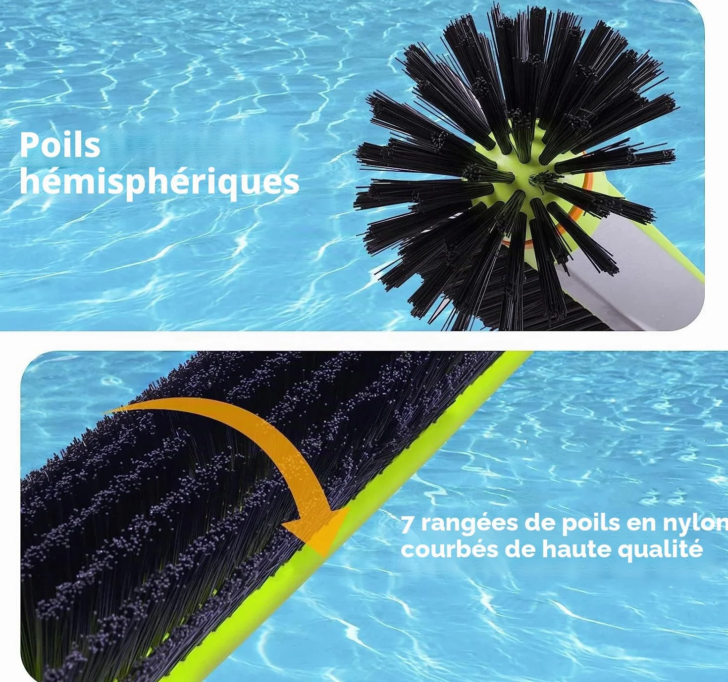 Brosse de piscine ronde robuste avec dos en aluminium renforcé et poils solides