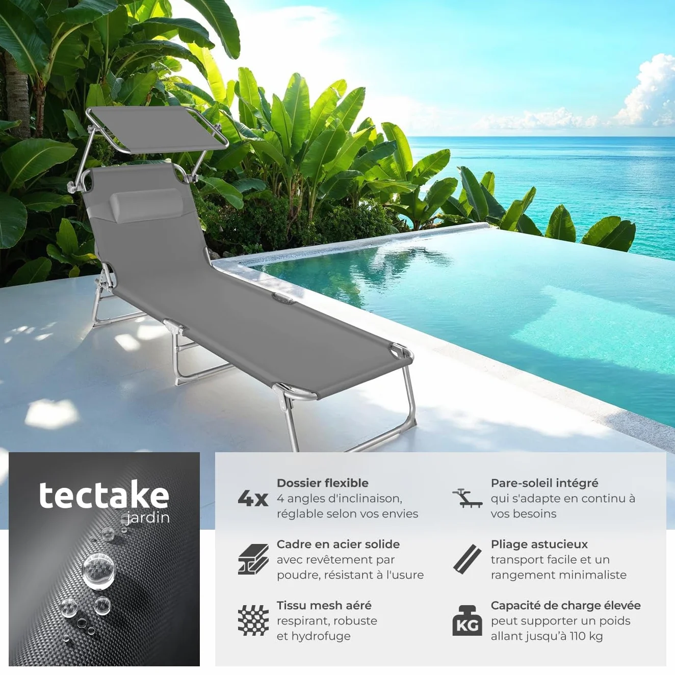 Tectake Set de 2 Chaises Longues Pliantes avec Pare Soleil & Appuie-tête - Transat Inclinable de Plage Gris