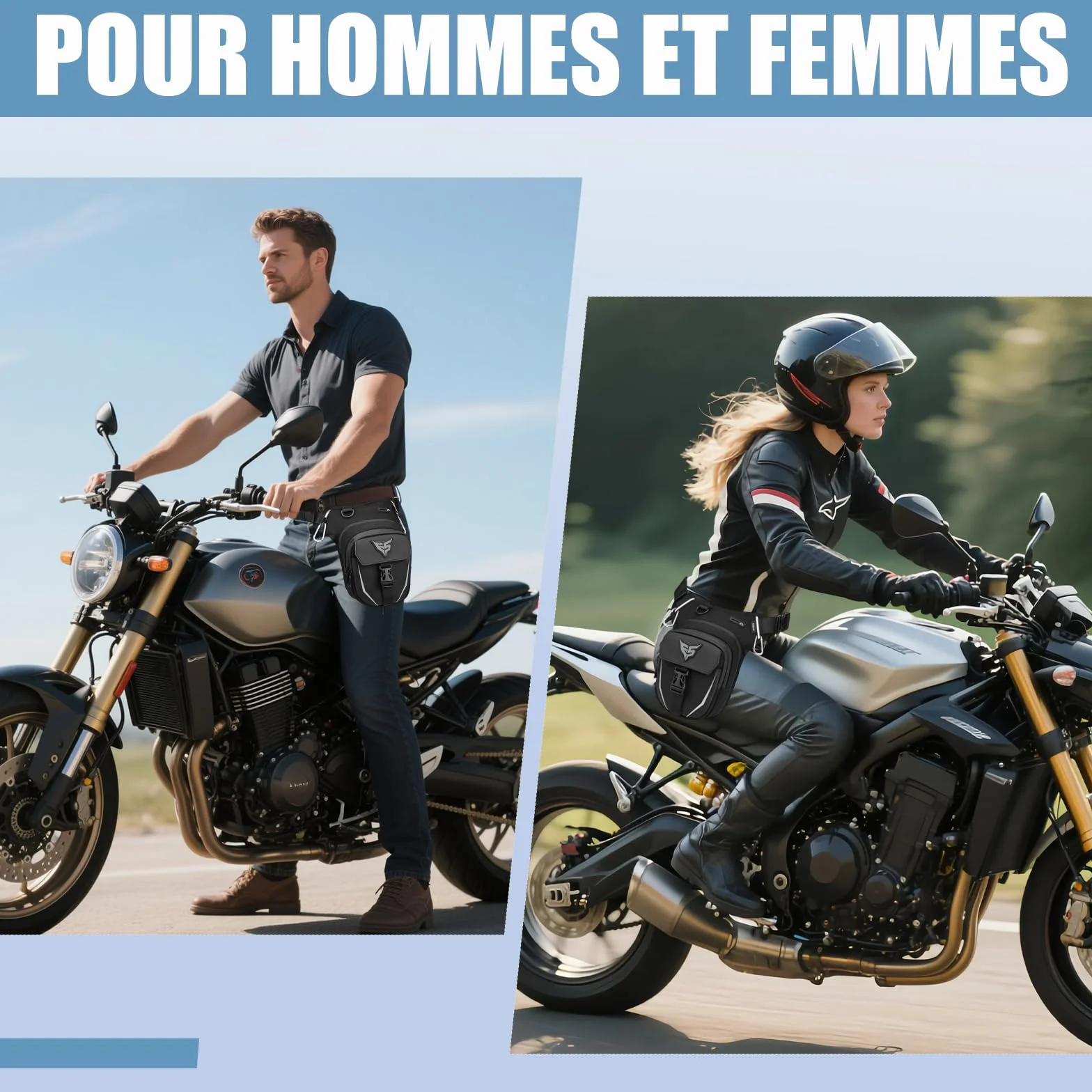 Eshow Sacoche de Jambe Moto Capacité Extensible,Sac Banane Homme Femme Bande Réfléchissante, Ceinture Réglable, 4 Mousquetons Randonnée Outdoor