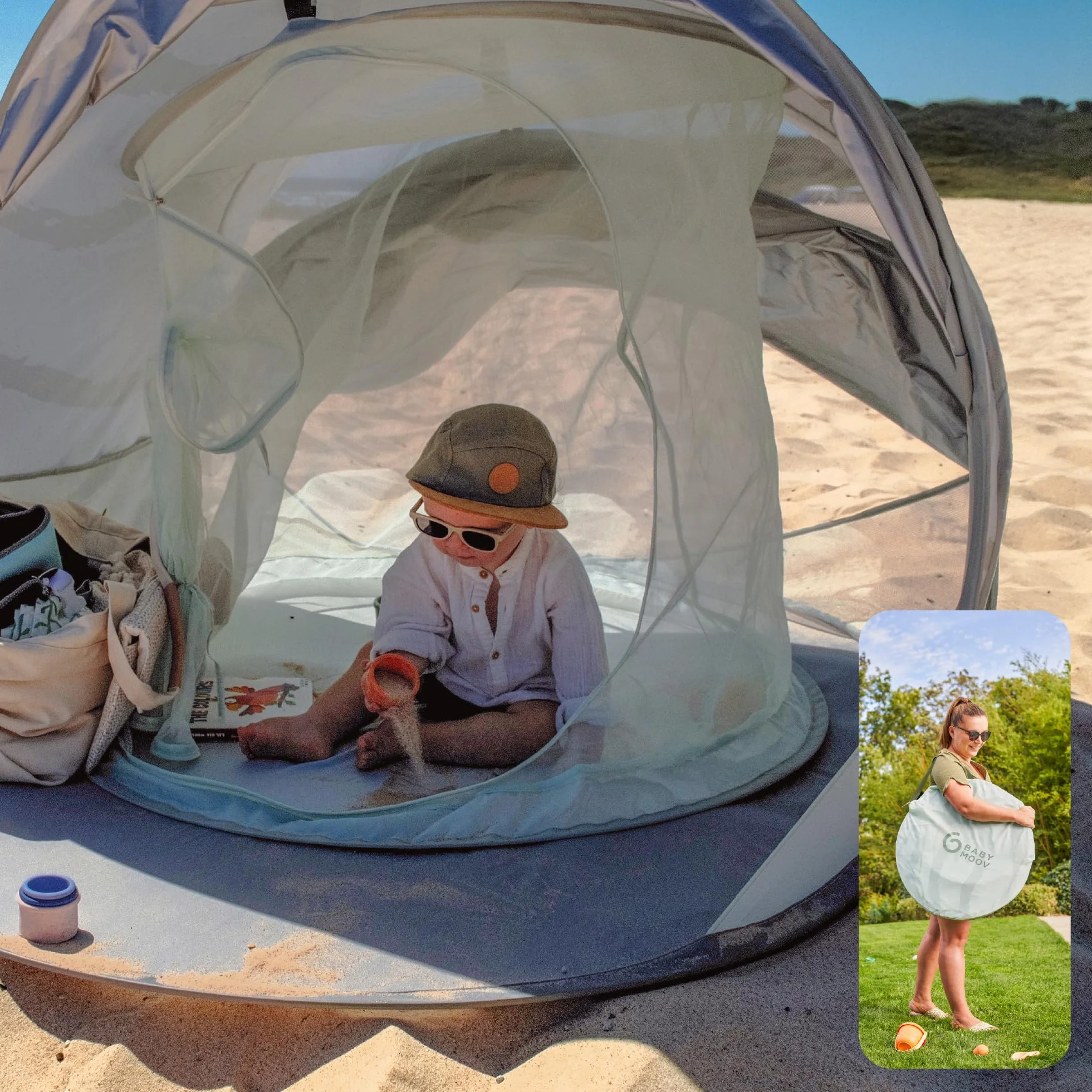 Babymoov Tente Anti-UV Bébé Rafraichissante Moov & Protect - Haute protection Anti-UV UPF 50+ - Système Pop Up - Grande Tente de plage - Moustiquaire à Maille Fine, Green Lagoon