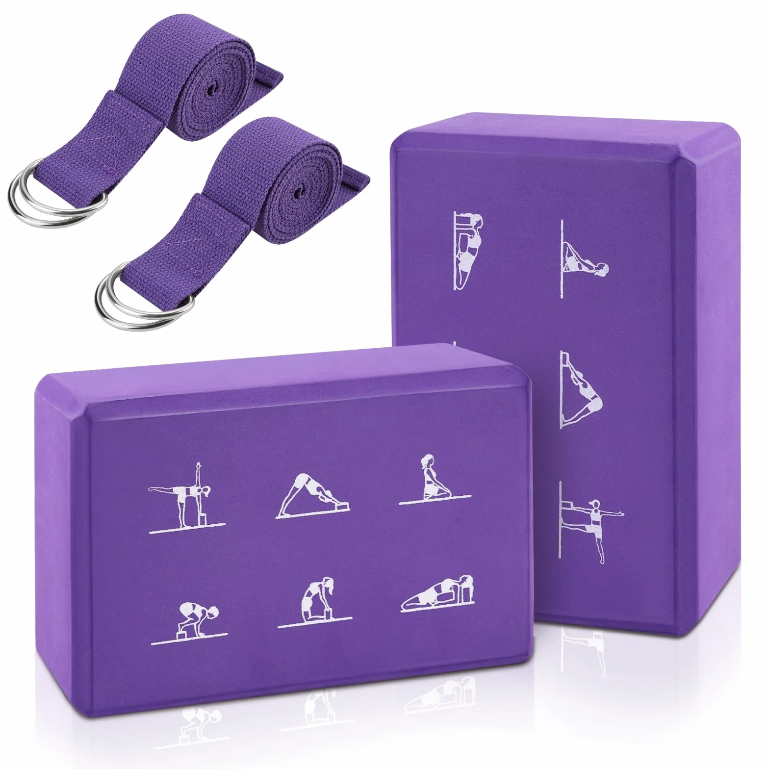 Lot de 2 blocs de yoga et sangles de yoga - Blocs en mousse EVA haute densité - Briques antidérapantes avec sangle de 6 m - Kit de blocs de yoga sans latex - 23 x 15 cm