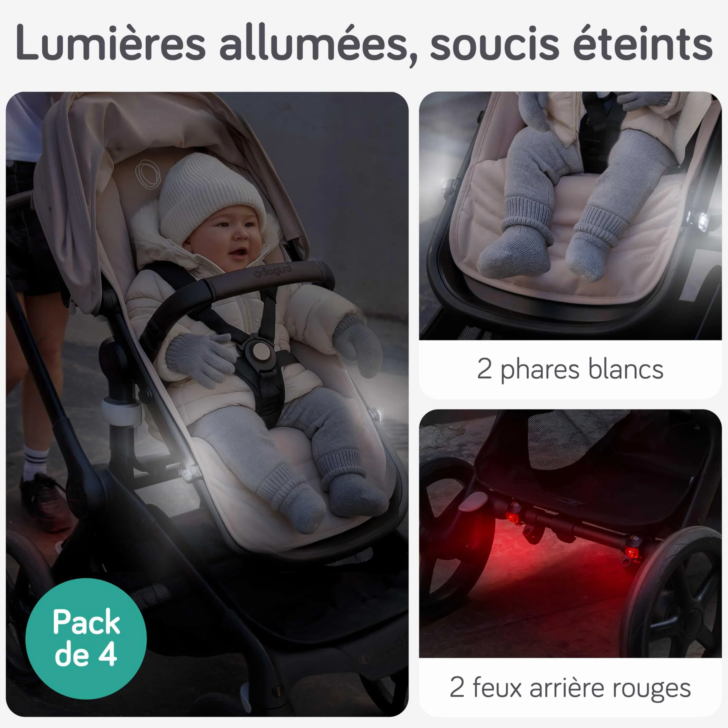 Baby Uma Lumières LED Poussette (Lot de 4) – Universelles avec 3 Modes (Fixe/Pulsation/Clignotant), Éclairage Avant & Arrière pour Poussette, Vélo et Trottinette