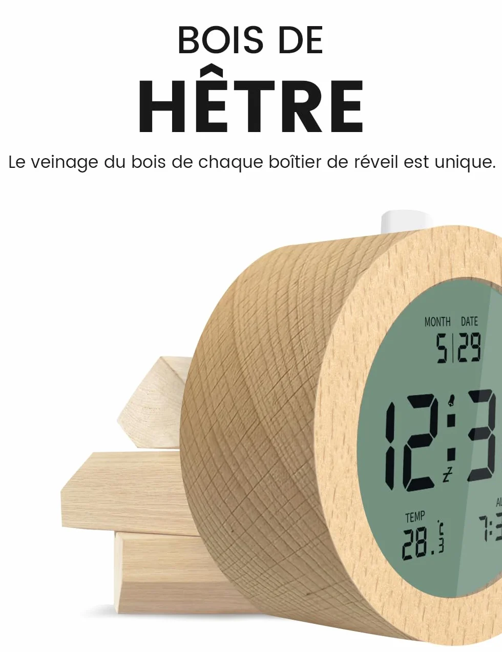 aboveClock Réveil Numérique en Bois avec Écran LCD, Température, Date, Snooze, Rétroéclairage, 3 Piles AAA