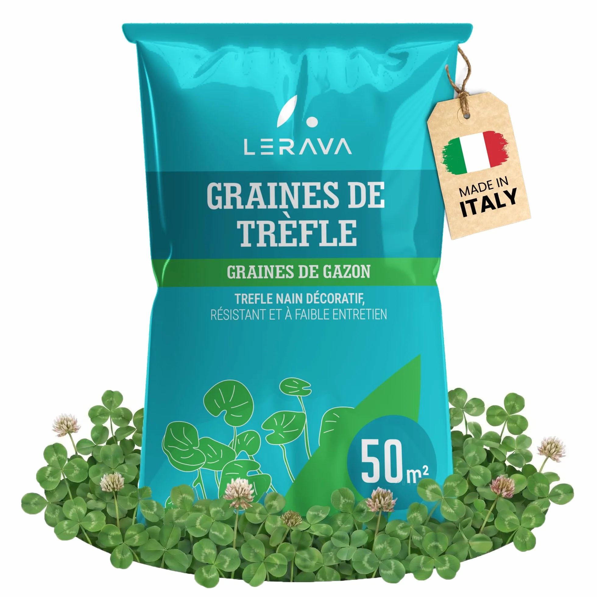 LERAVA® Trèfle blanc 50 m² Fixateur d’azote naturel Couverture strisciante Améliore la fertilité du sol Pour pelouses et jardins