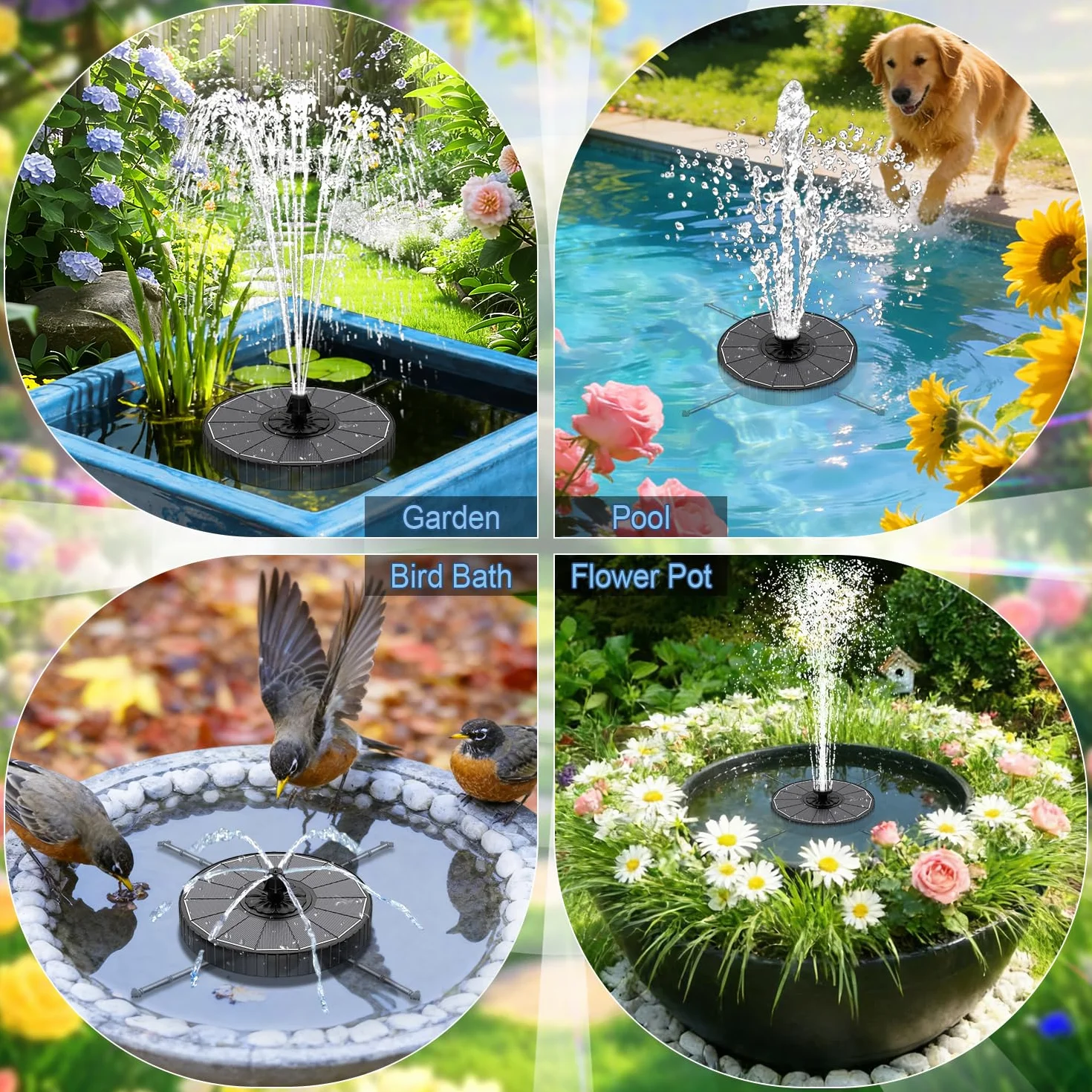 Fontaine Solaire Yzert 3.5W Extérieur Flottante Pompe Bassin 2000mAh 7 Buses 4 Barres Rotatives Jardin Noir