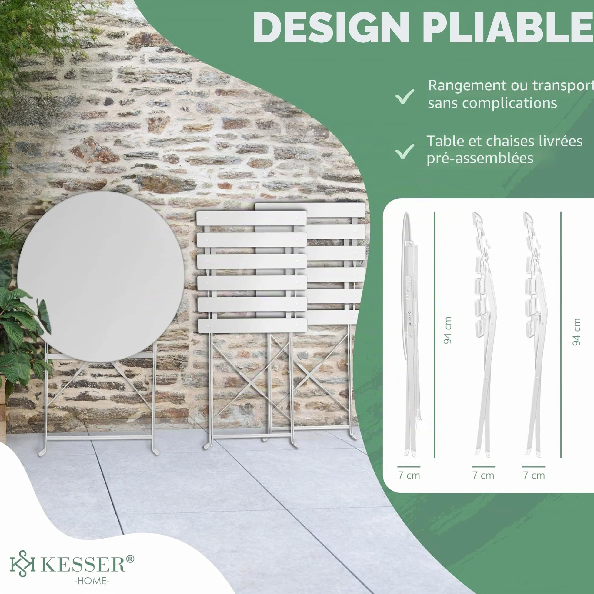 KESSER Salon de jardin métal 1 table 2 chaises pliantes blanc balcon