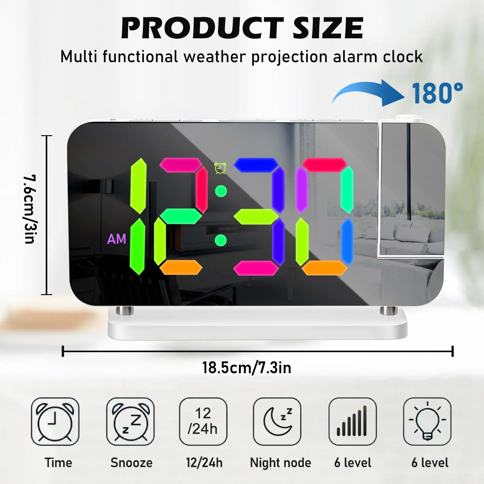PORFOYO Réveil avec projection LED RVB, horloge miroir, veilleuse 10 couleurs, projecteur 180°, USB-C