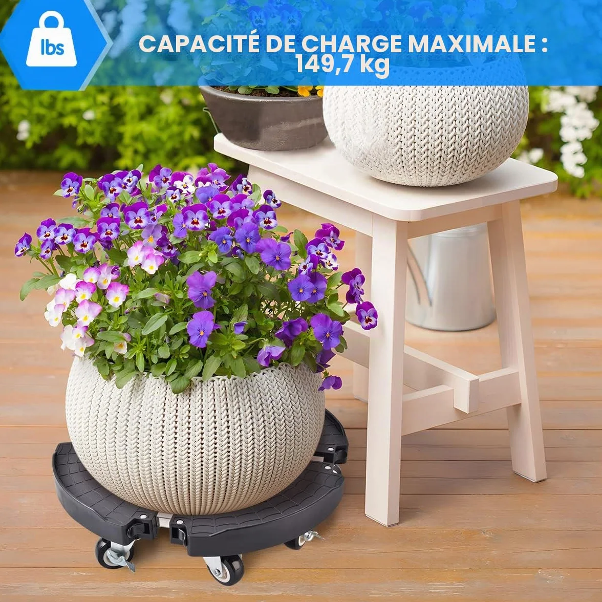 Support Plante à Roulettes Réglable 38-58CM 200KG Porte Plante Robuste Extérieur Intérieur