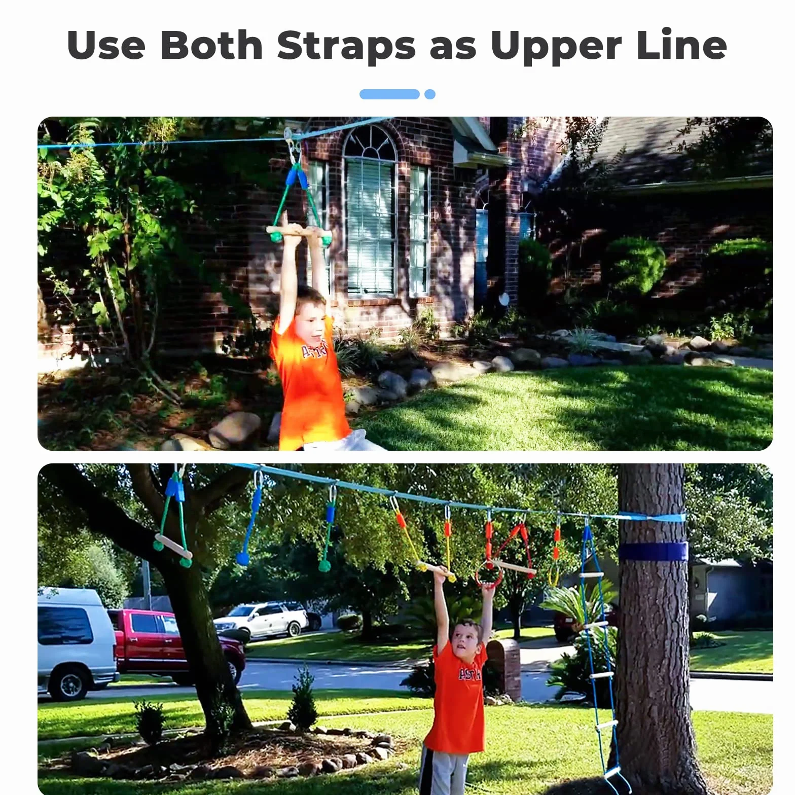 Hapfan Parcours Ninja Enfant Exterieur,15m×2 Slackline avec 8 Obstacles à Suspendre Mixte,Slackline kit Parcours d'obstacles à Suspendre en Plein air,Filet et échelle,Monkey Bar Kit pour Enfants