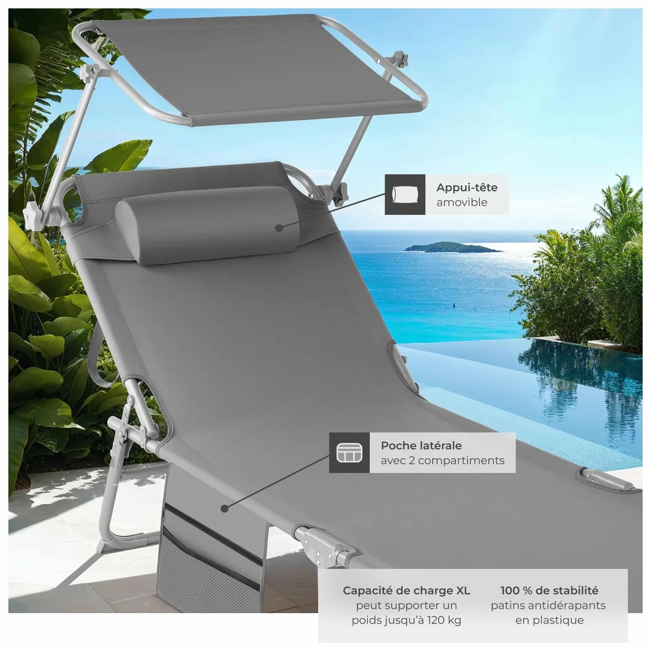 tectake Chaise Longue Pliante Bain de Soleil Jardin Exterieur avec Pare Soleil Appuie-tête Pochette