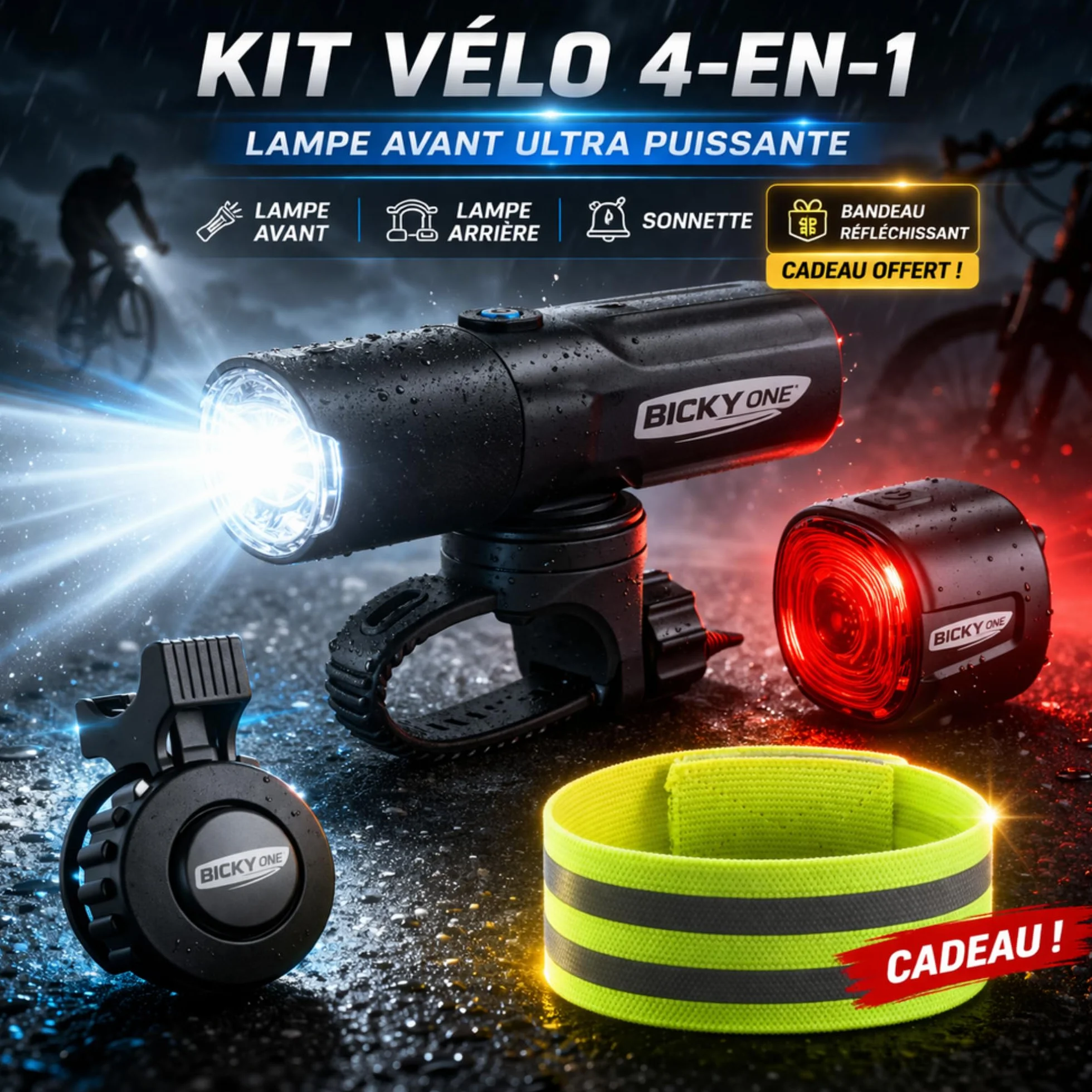 Kit Éclairage Vélo 4 en 1 Lumiere Velo Avant LED 400 Lumens Rechargeable Lampe Velo Arriere Sonnette Velo Electronique 120 DB Bandeau Reflechissant – Etanche IP66