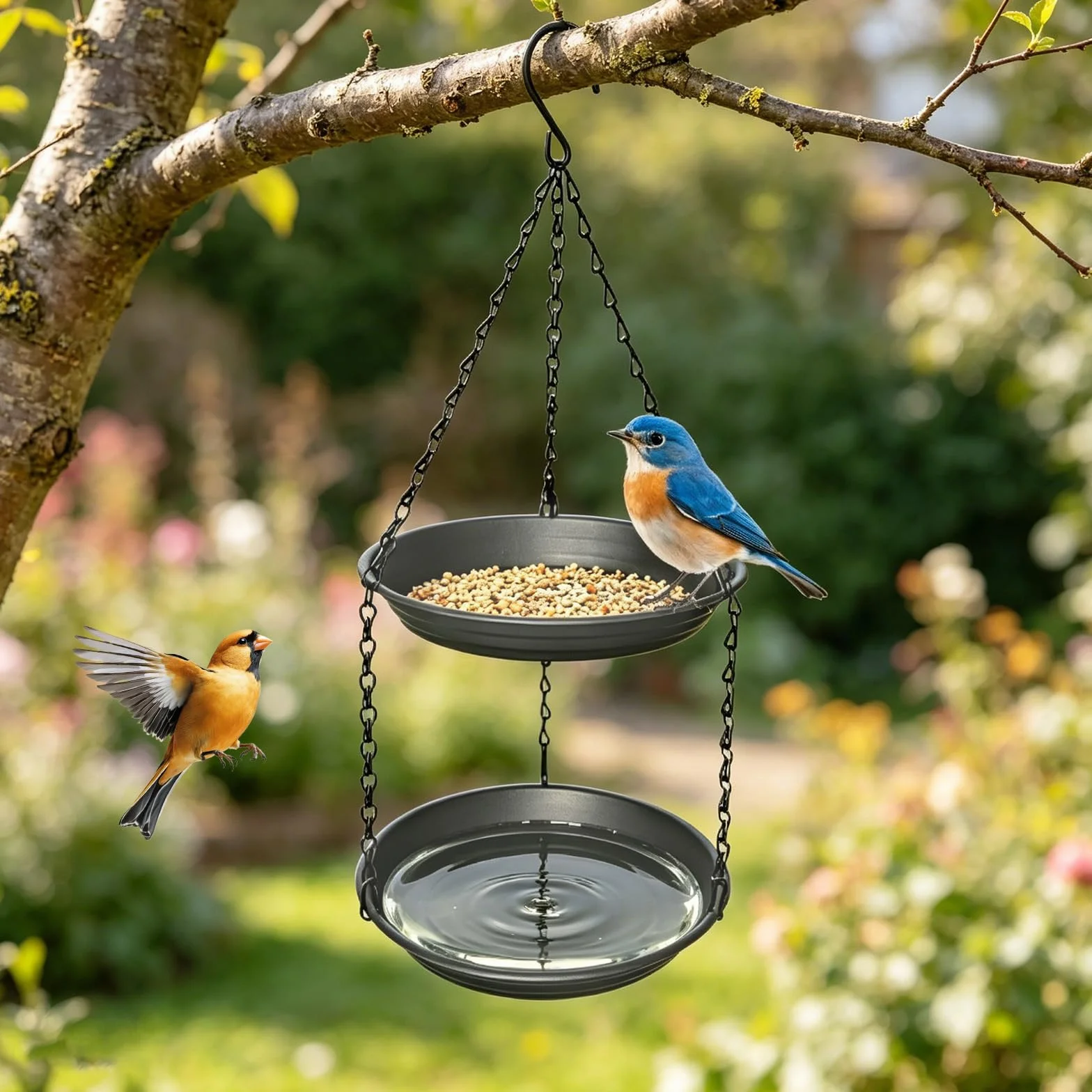 Abreuvoir à Oiseaux Suspendu 2 en 1 Deux Niveaux Mangeoire Oiseaux pour Jardin Balcon