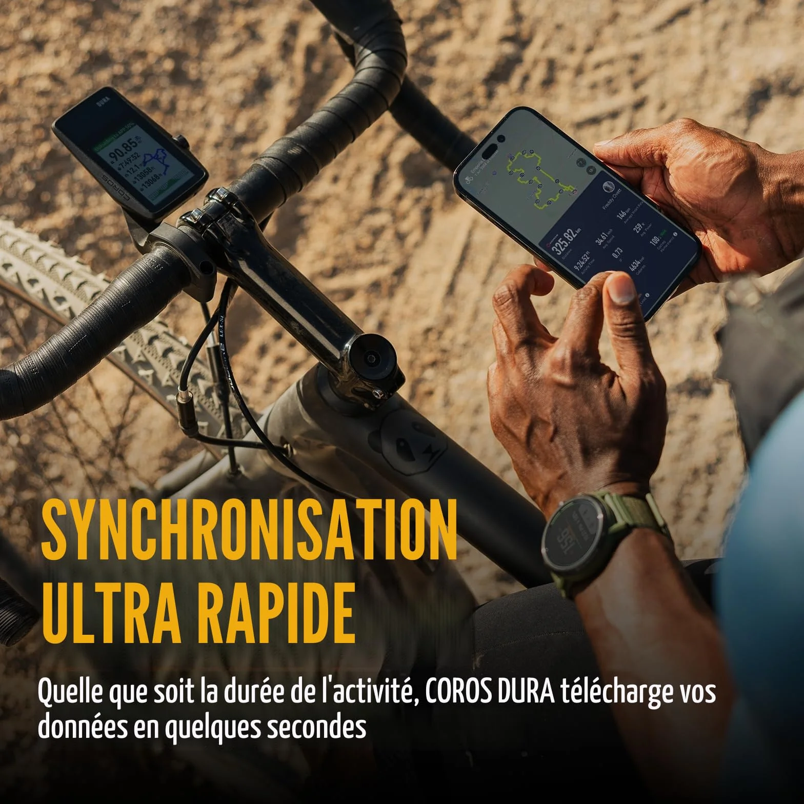 COROS DURA Compteur Vélo Solaire, 120 Heures d'autonomie GPS, Recharge Solaire, écran Tactile Couleur MIP de 2,7", synchronisation Rapide des données, Navigation Turn-by-Turn, GPS vélo
