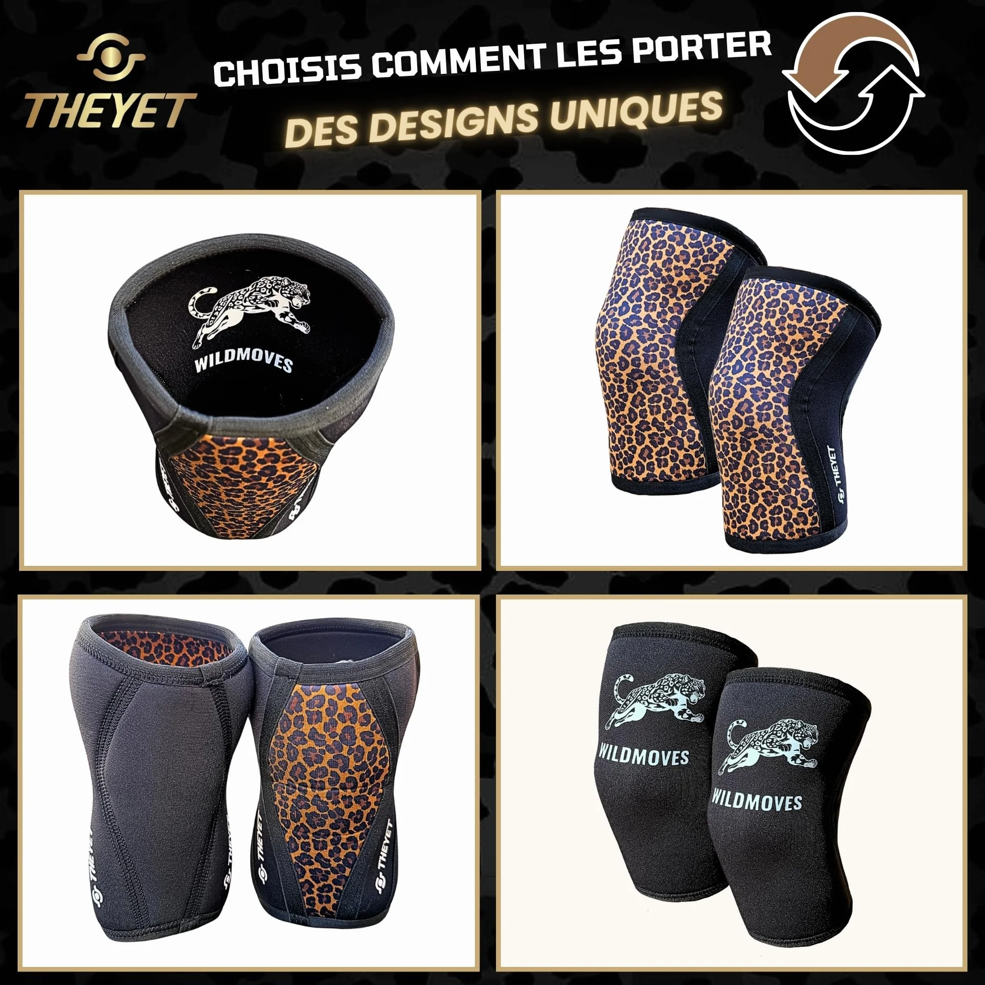 Theyet Genouillères Crossfit et Musculation Réversibles 7mm en Néoprène | Protections Sportives pour Genoux Animal Print Femme | Compression Haltérophilie Powerlifting, Fitness, Gym et Squat (Paire)