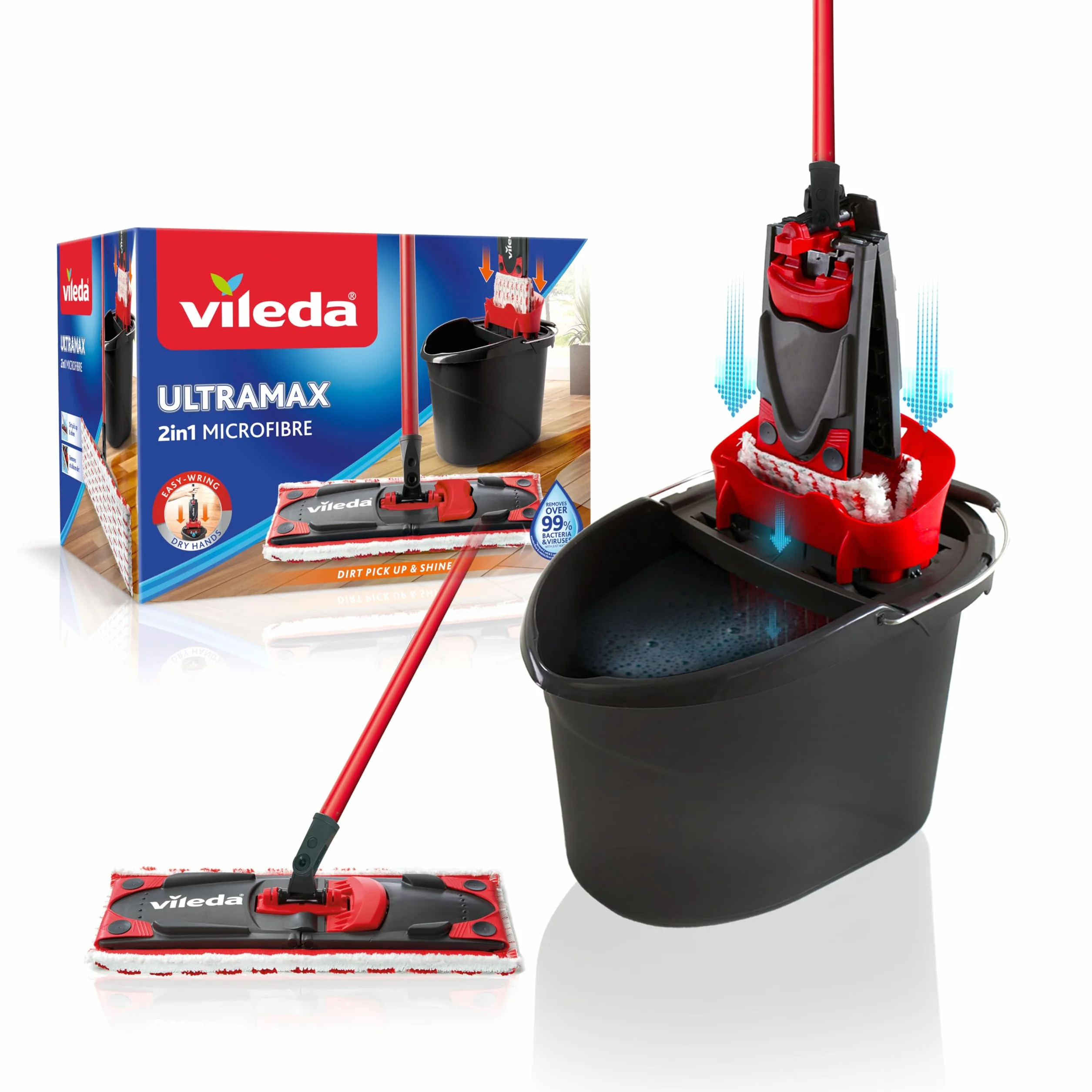 Vileda Balai Serpillière UltraMax Power Kit avec Seau Essoreur Housse Microfibre 2 en 1 Nettoyeur Sol