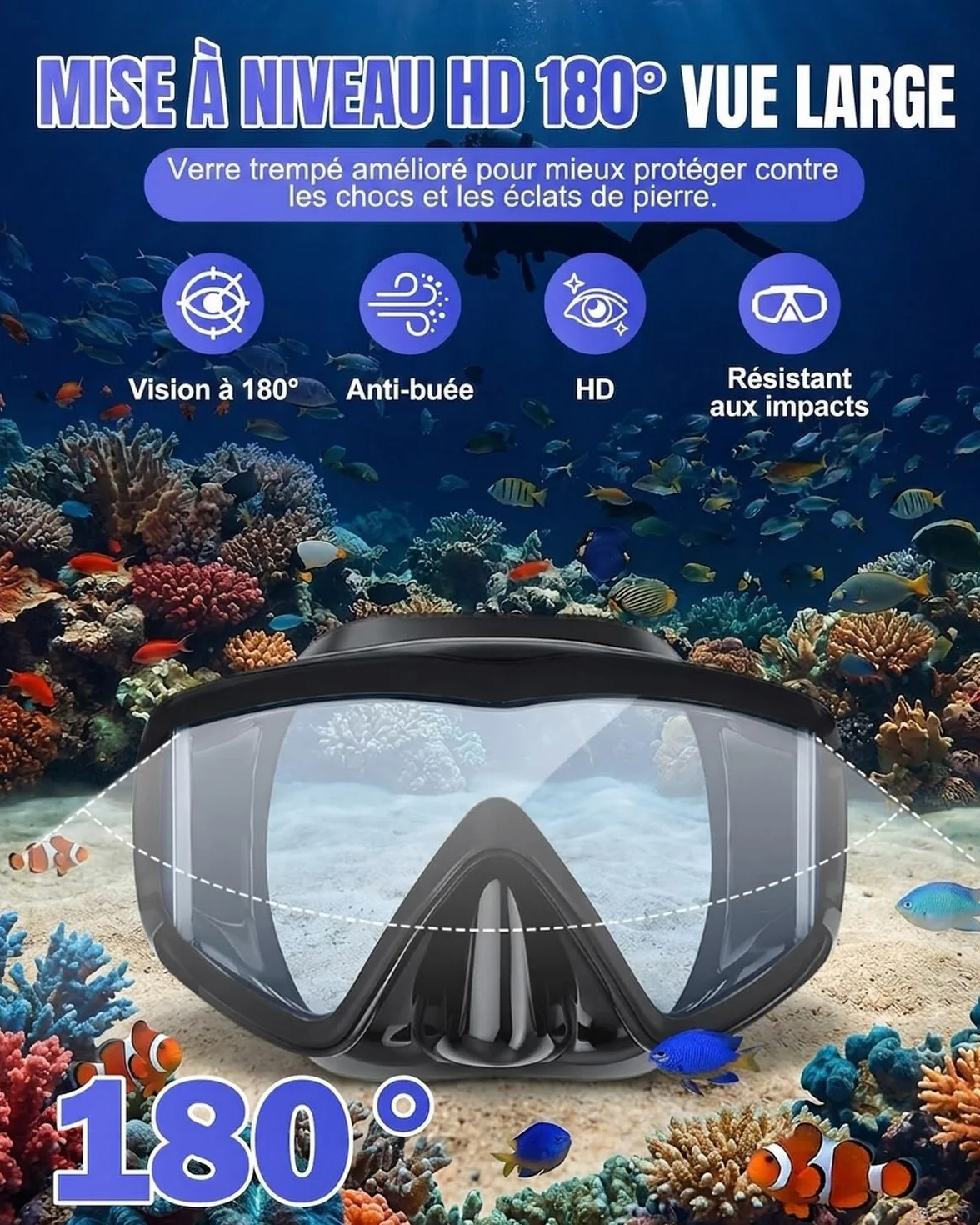 Masque de Plongée avec Vision Panoramique 180°,Masque Tuba Adulte Anti-Buée et Anti-Fuite avec Verre Trempé HD, Lunette Tuba Snorkeling RéGlable pour Natation, Plongée et Apnée