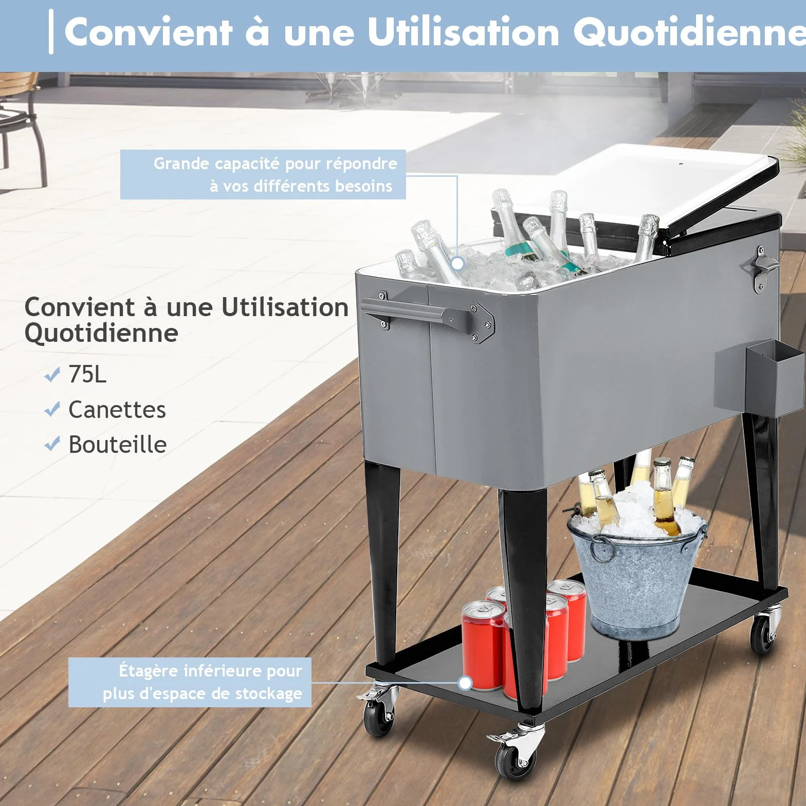 COSTWAY Chariot Isotherme Roulant 76 litres Réfrigérant avec Roulettes Universelles Ouvre-Bouteille