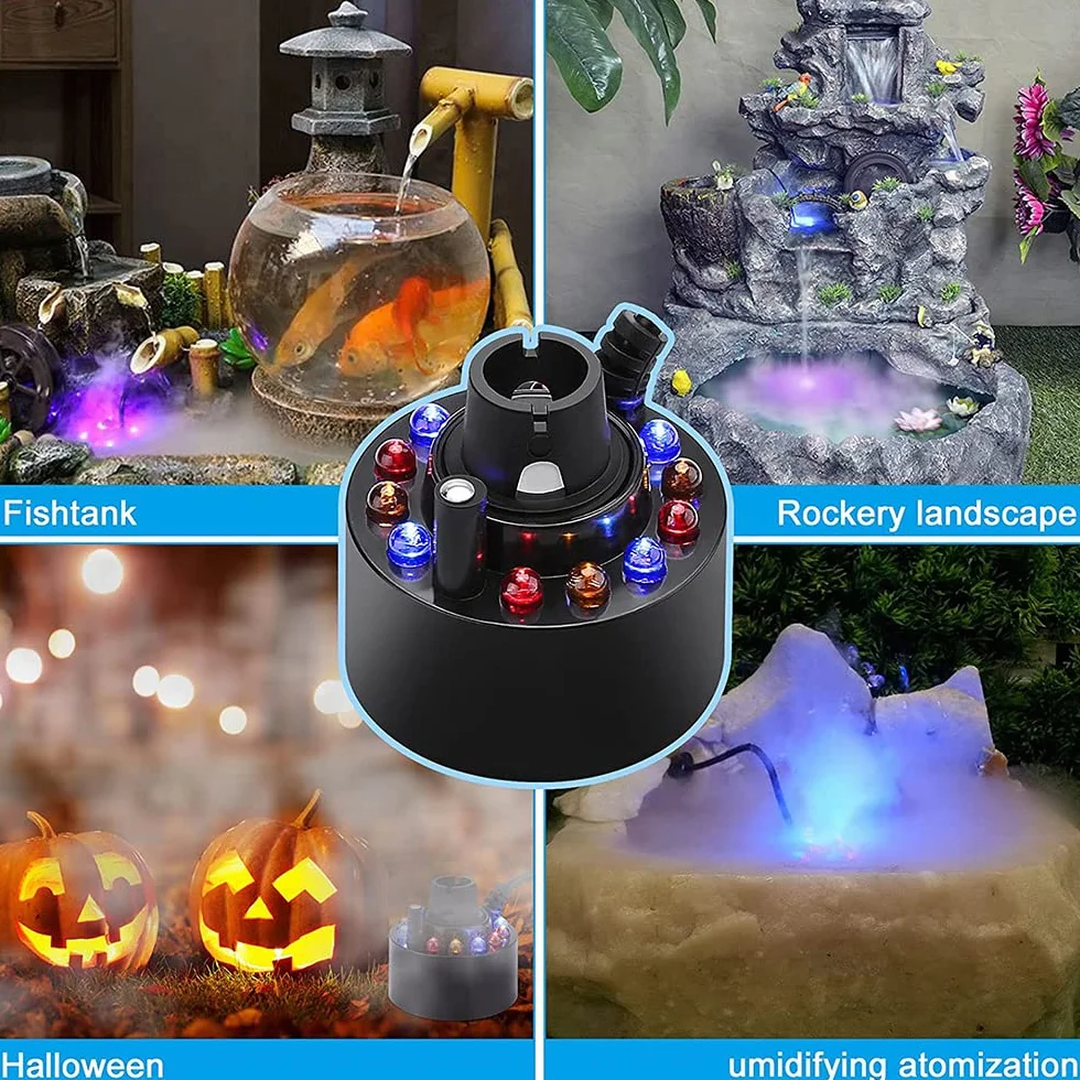 Brumisateur Humidificateur d'Air 12 LED Fontaine d'Eau Étang Machine à Brouillard Ultrasonique avec Adaptateur Halloween