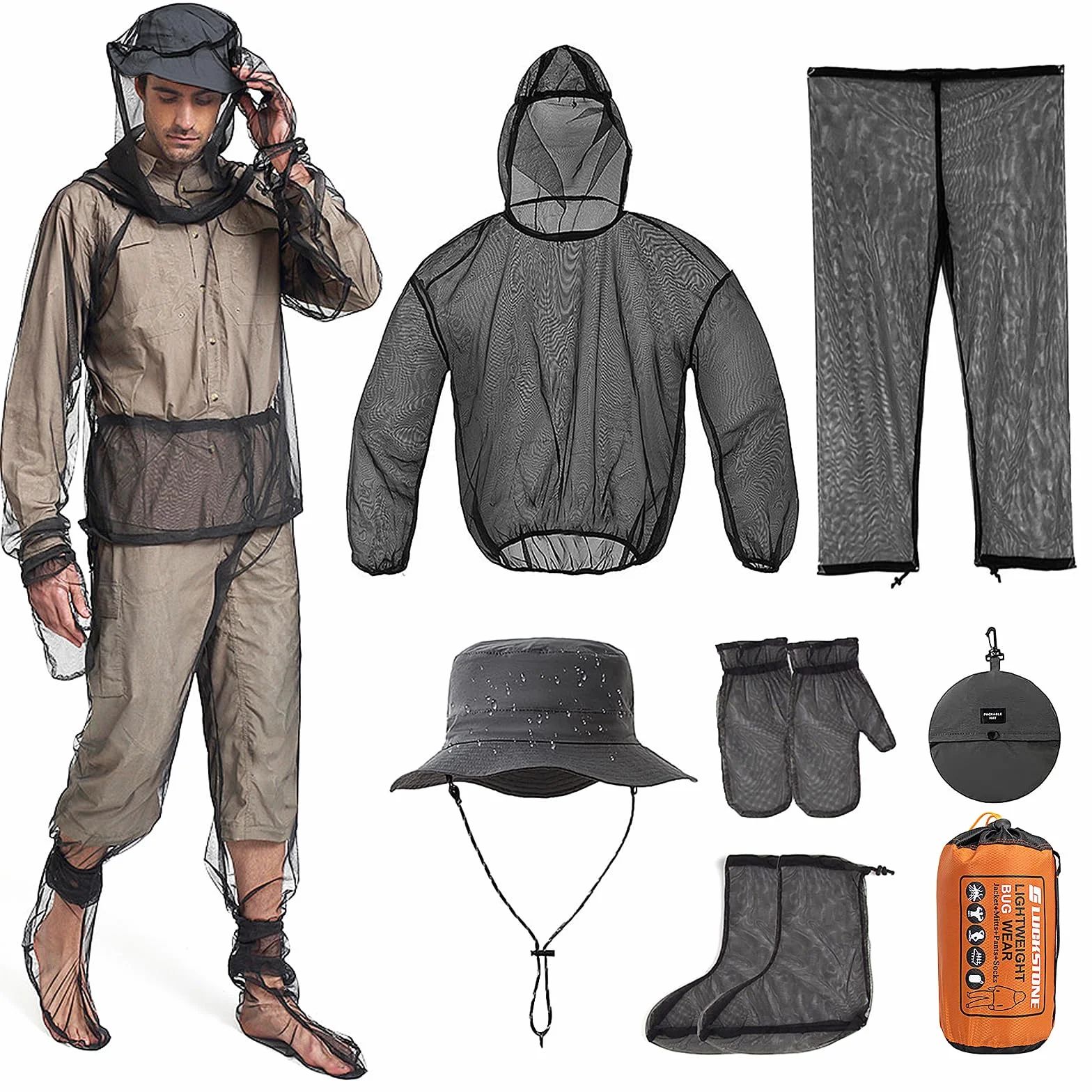 Lot de 5 combinaisons anti-moustiques avec chapeau de moucheron, protection contre les moustiques, filet léger en maille, vêtements d'été avec veste, gants, pantalon pour la pêche, le camping, la