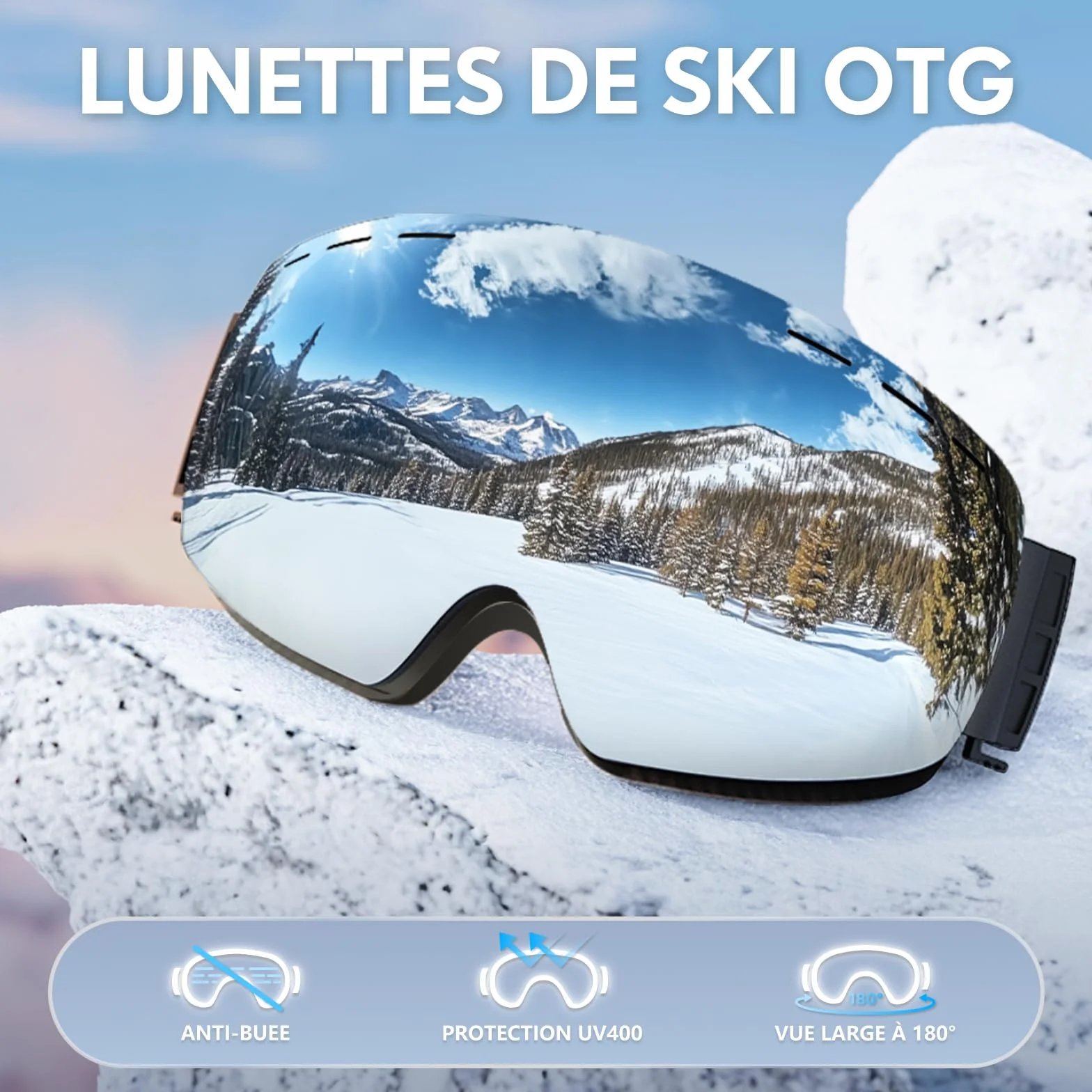 DADA-PRO Masque de Ski OTG Verre Sphérique Ultra HD Anti-Buée UV400 Protection Compatible Casque