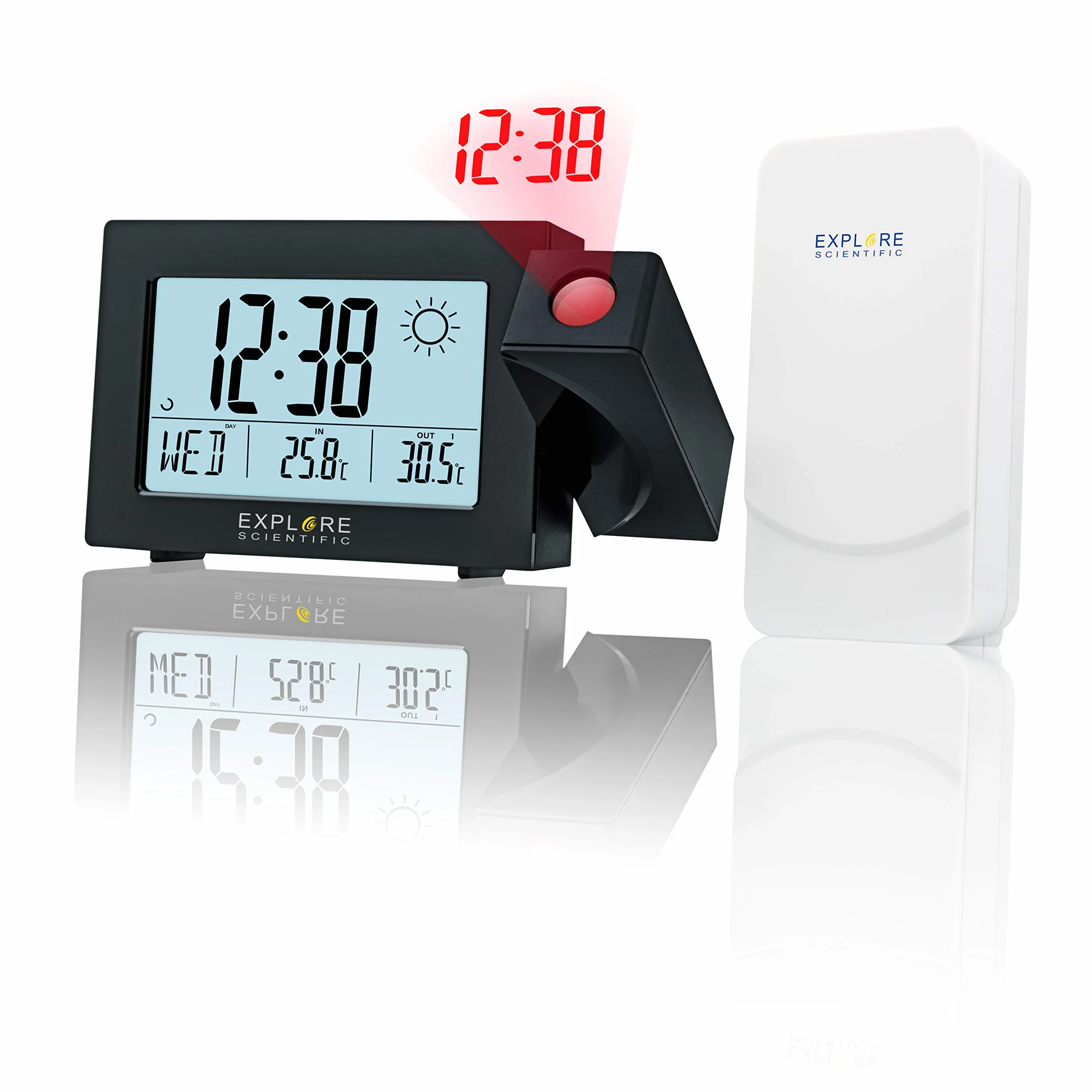 Explore Scientific RPW3008 Horloge Projection Radiocommandée Prévisions Météo Double Alarme USB Noir