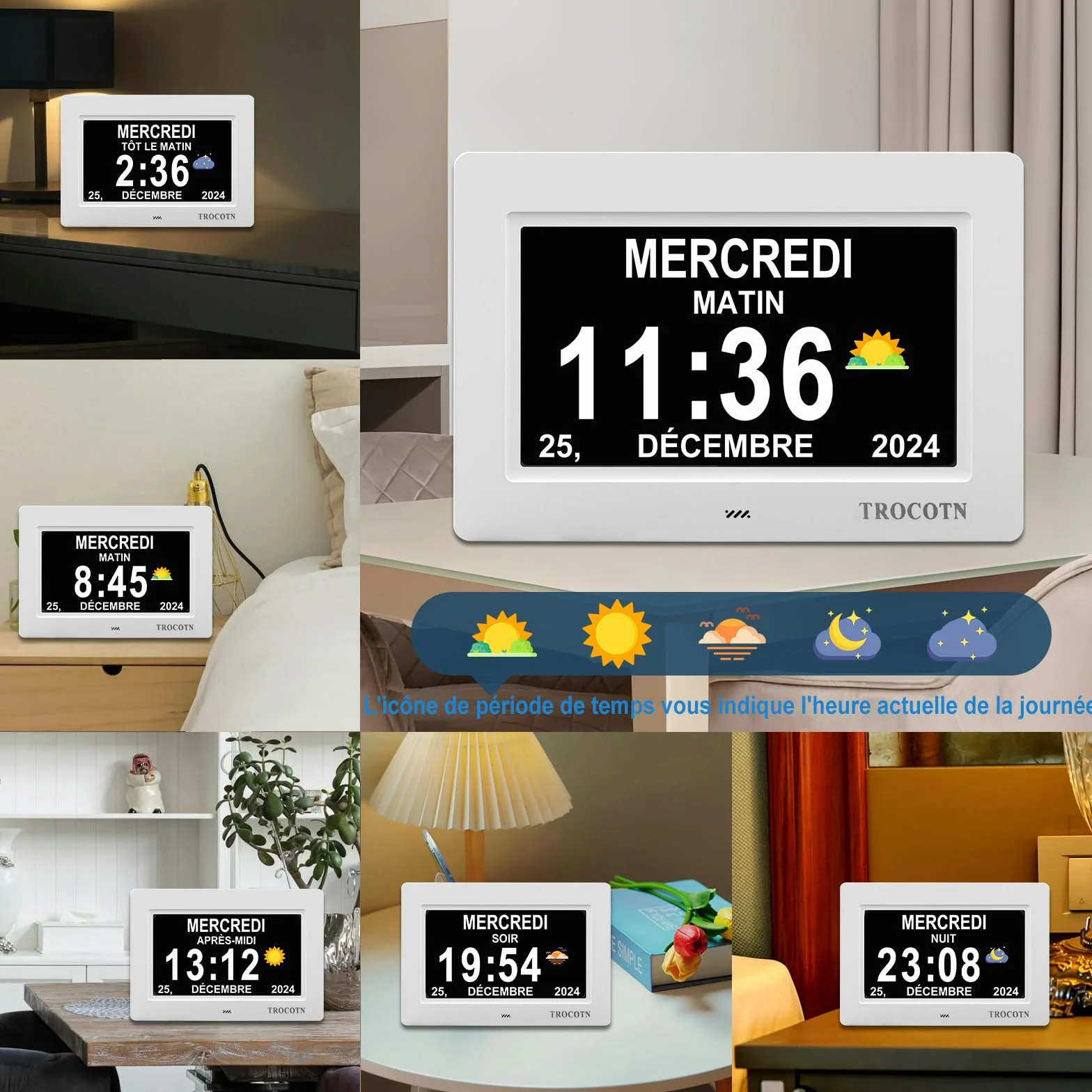 Horloge numérique Grand écran avec Calendrier pour Seniors, 7 Pouces Blanc