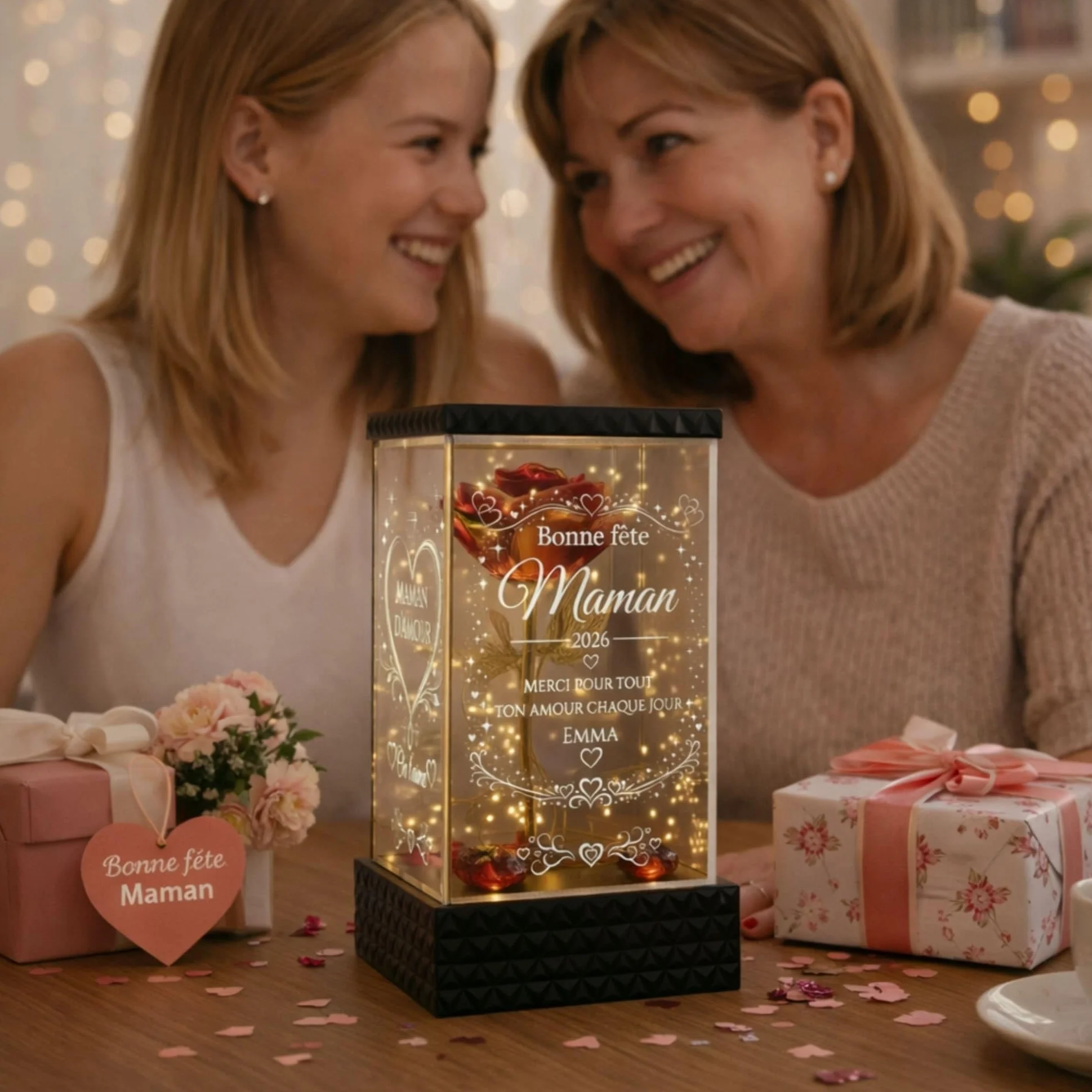 Rose Lumineuse Personnalisée Maman - Cadeau Fête des Mères Original, Lanterne LED 4 Faces Gravées, Rose Rouge Dorée avec Prénom