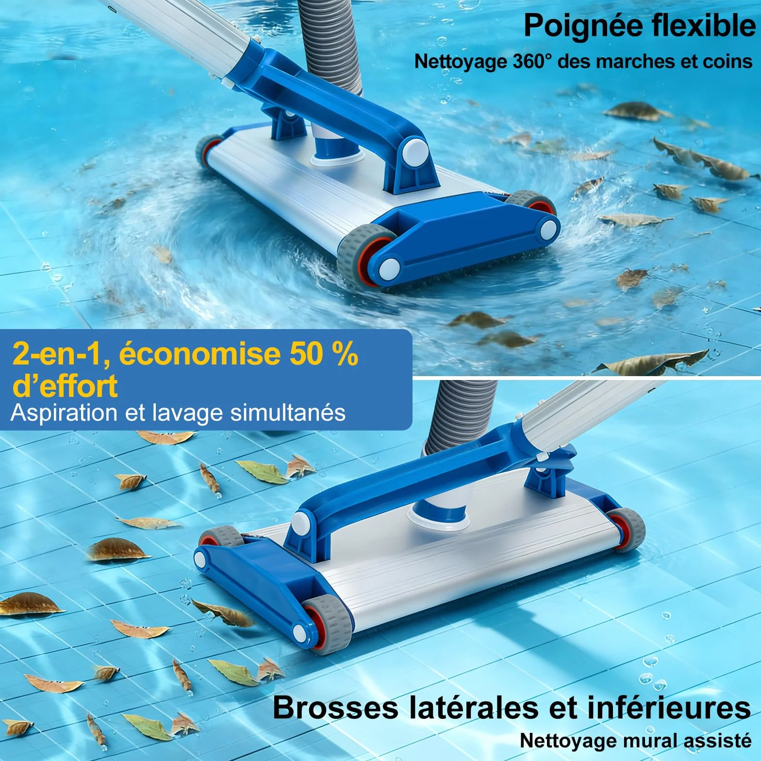 Brosse de Piscine Aluminium 34 cm avec Raccord d'Aspiration 4 Roues 2,2 kg pour Tuyau 38 mm
