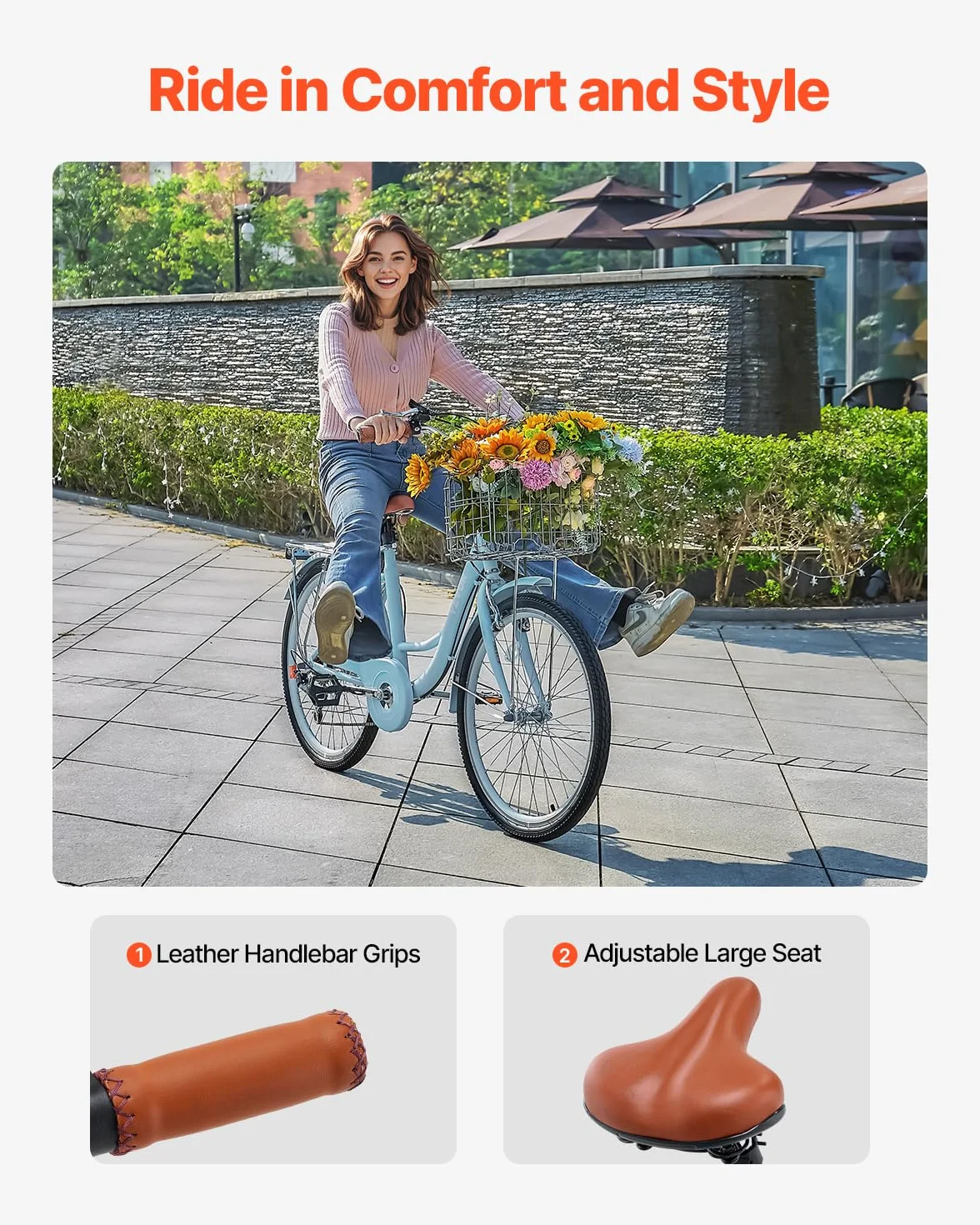 VEVOR Vélo croiseur, Vélo de Plage avec Panier de Grande capacité, Porte-Bagages arrière et siège réglable, sécurisé et Robuste, pour Cyclisme..