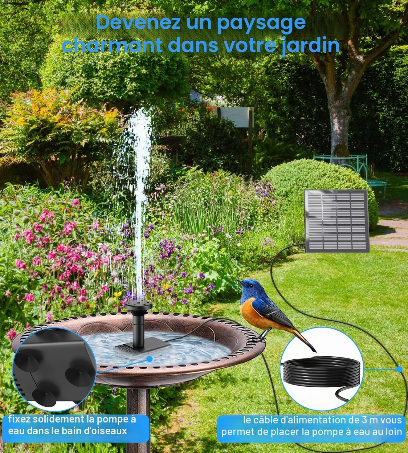 Fontaine Solaire Pompe 2026 Upgraded 9.84ft Fil 10 Buses Extérieur Jardin