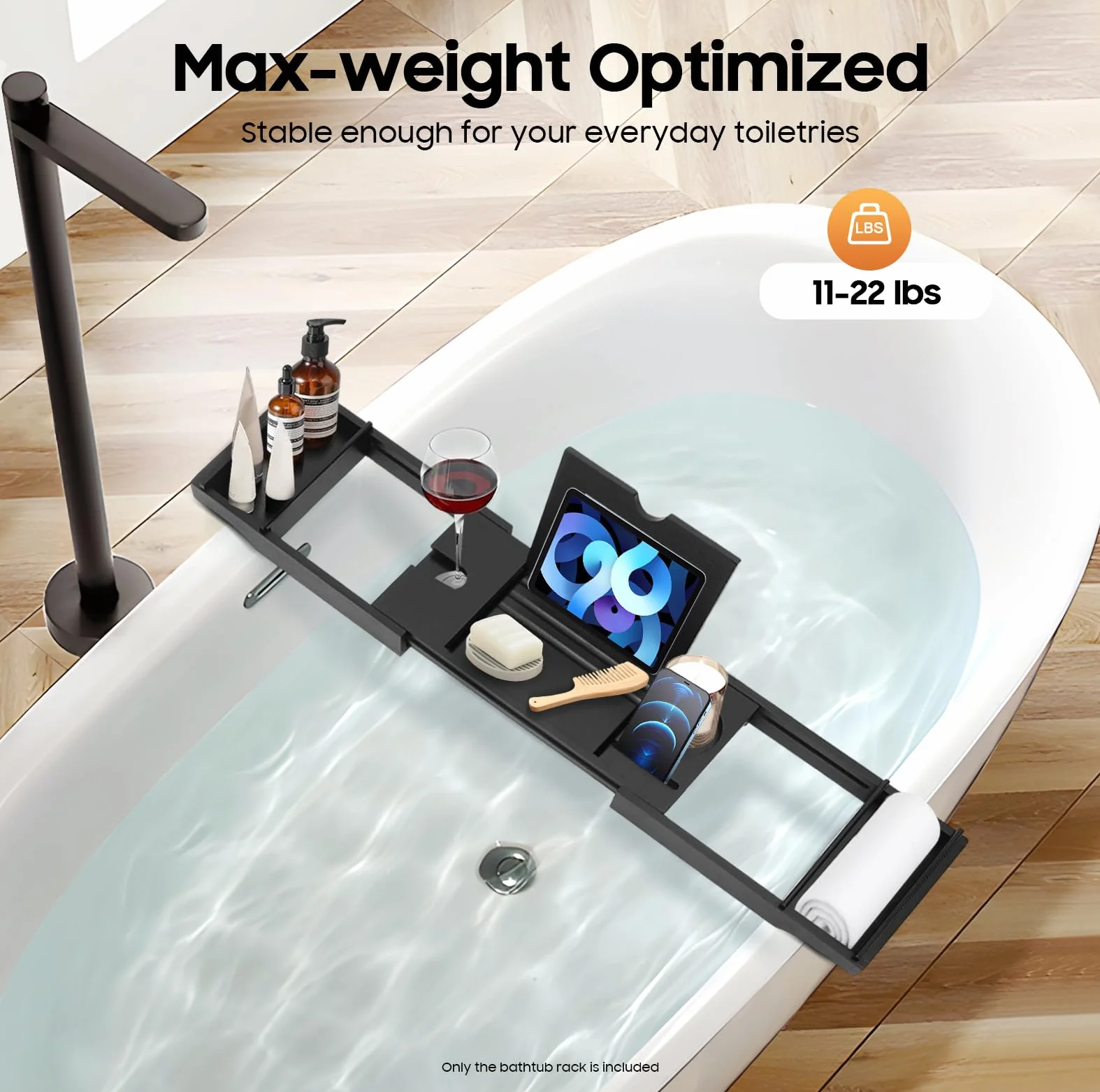 Étagère de baignoire extensible en bambou réglable 75-111 cm Noir