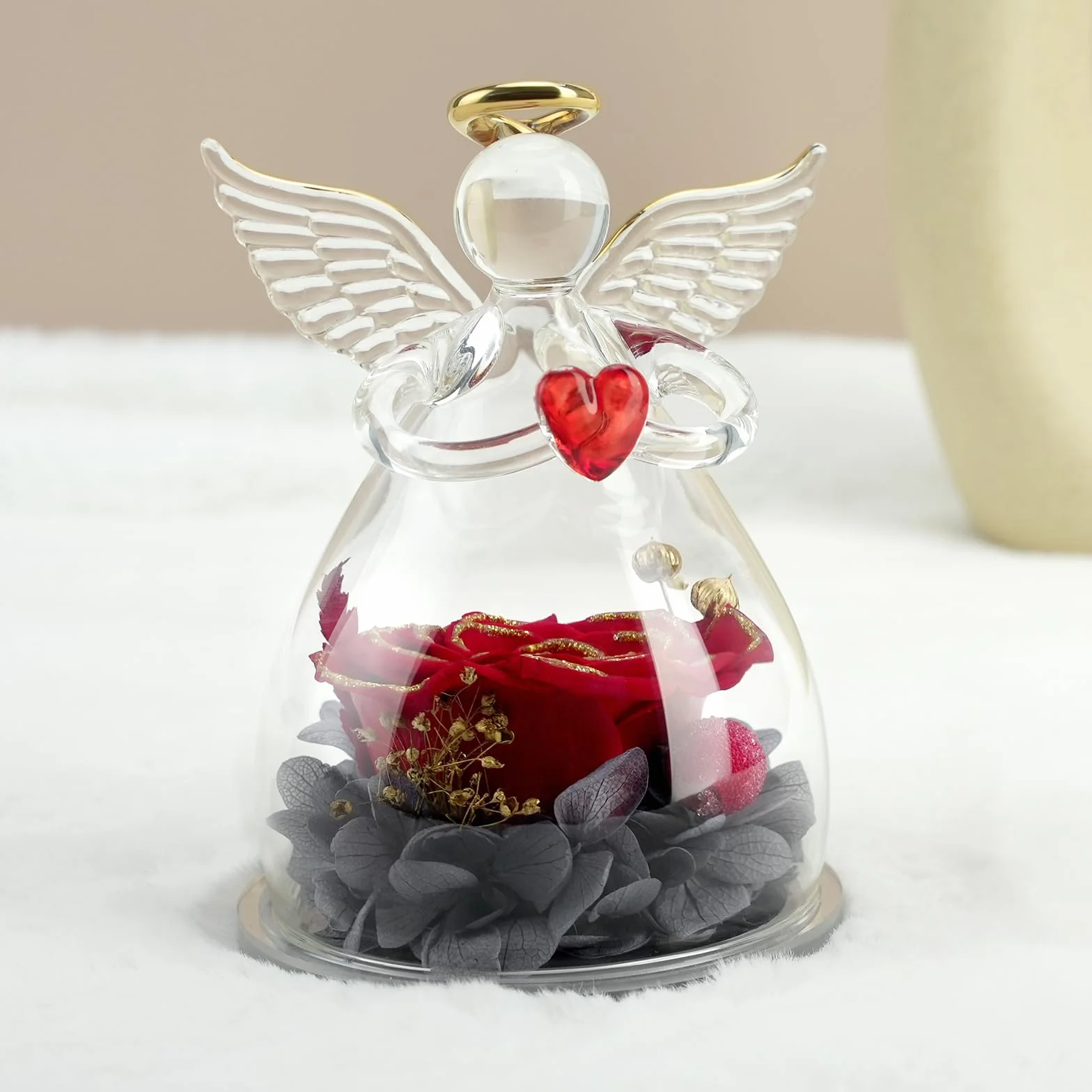 Rose Éternelle Figurine d'Ange Dôme en Verre Cadeau pour Mère