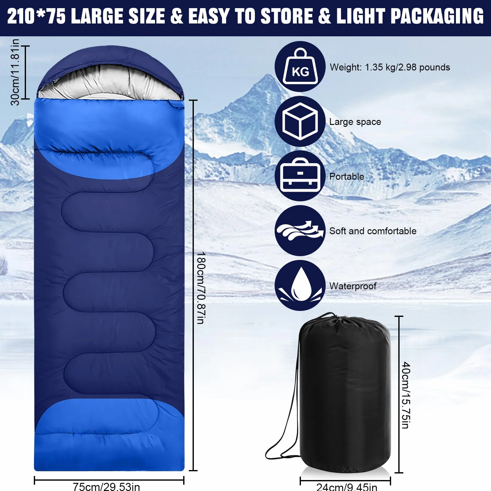 Sac de Couchage, 210x75cm Sac de Couchage 4 Saisons, Léger et Imperméable, avec Sac de Rangement Portable, Adultes et Enfants, pour Le Camping, la Randonnée et Les Activités de Plein Air